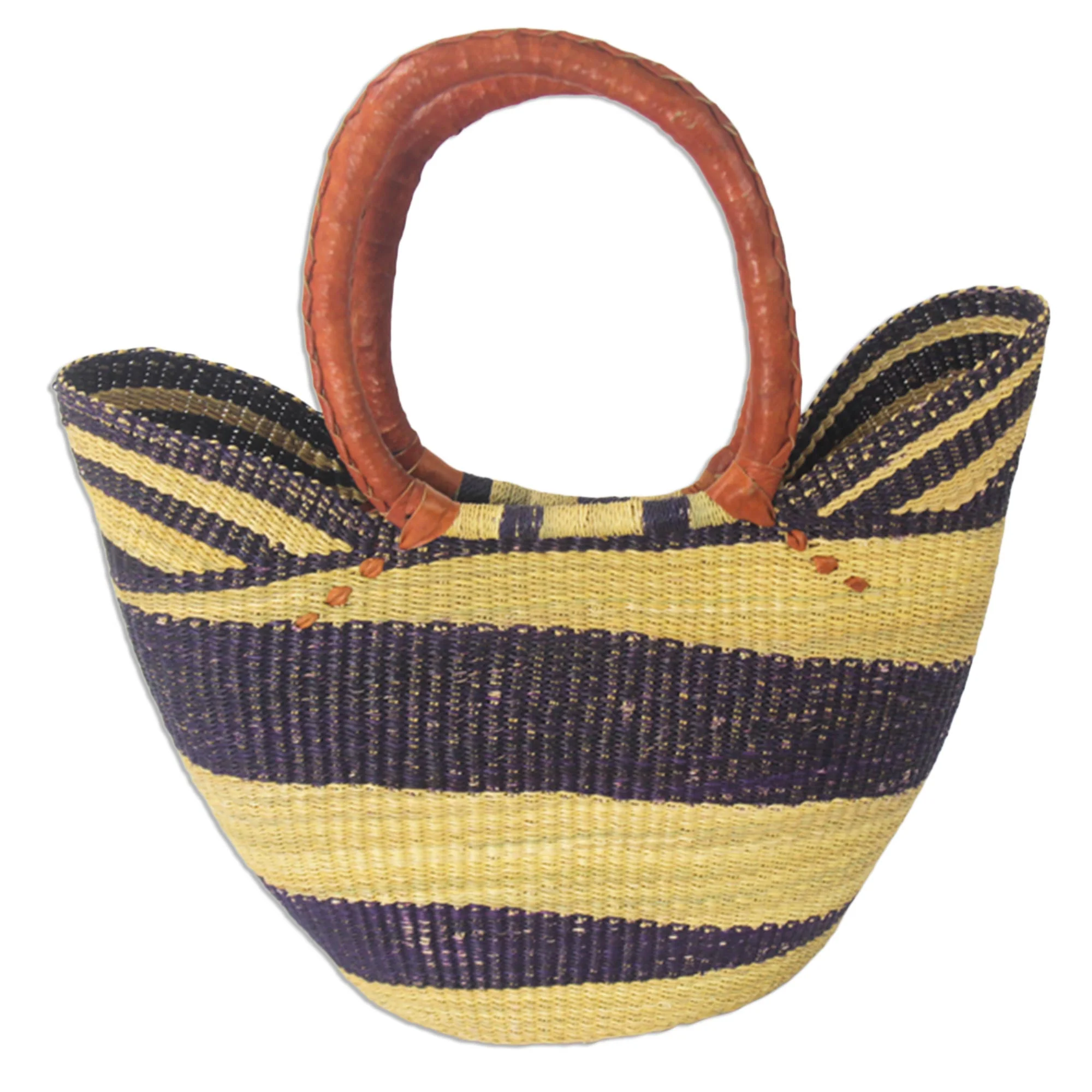 Bawku Blue-Violet Artisan Crafted Purple Striped Raffia Basket Tote Bag - Image 4