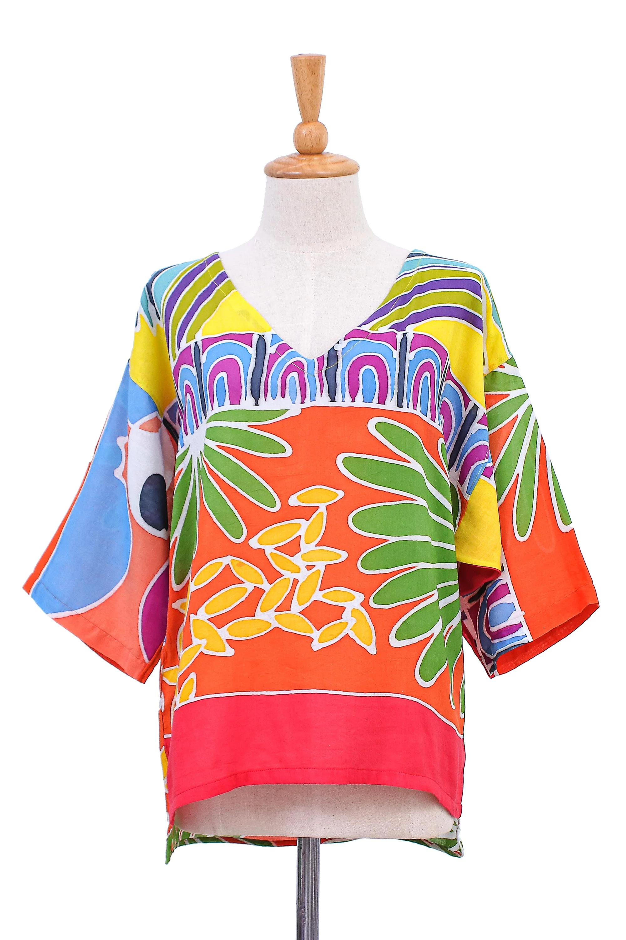 Beach Party Tropical Patterned Cotton Batik Blouse from Thailand - Image 2