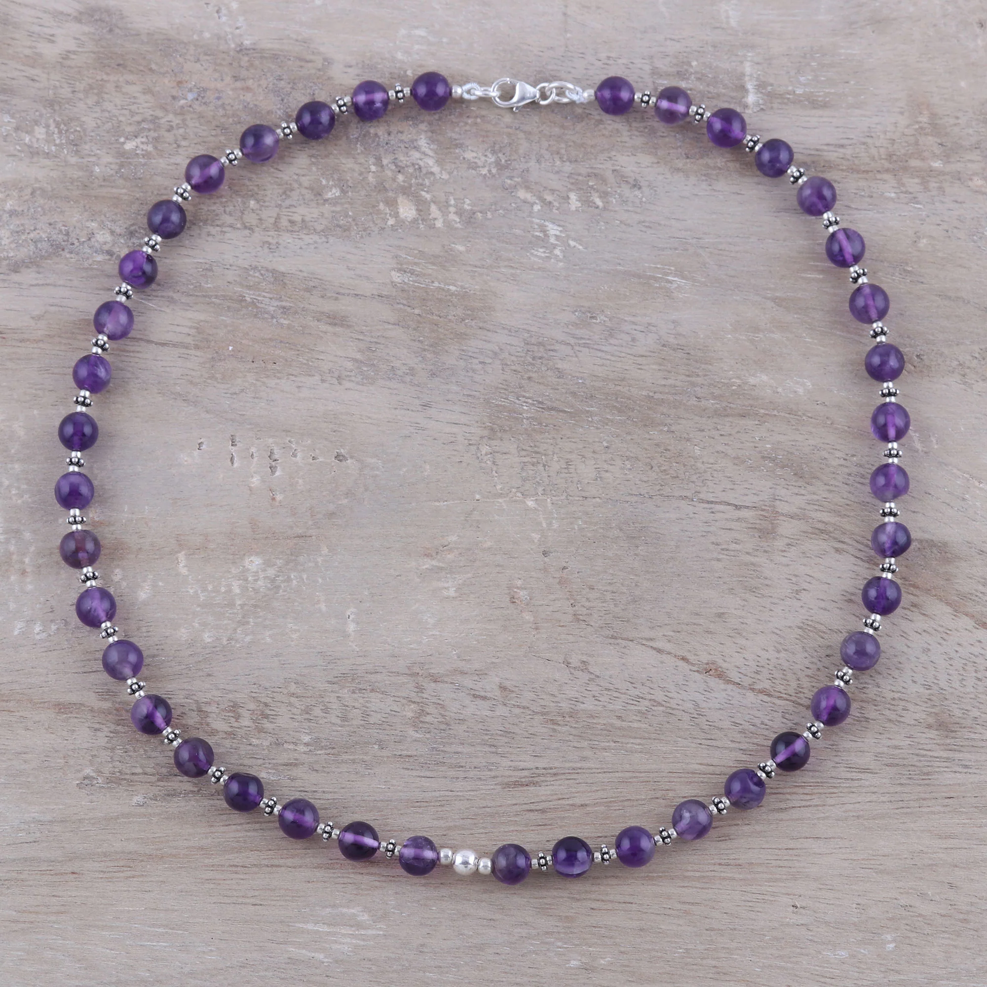 Beaded Beauty in Purple Amethyst and Sterling Silver Beaded Necklace from India - Image 3