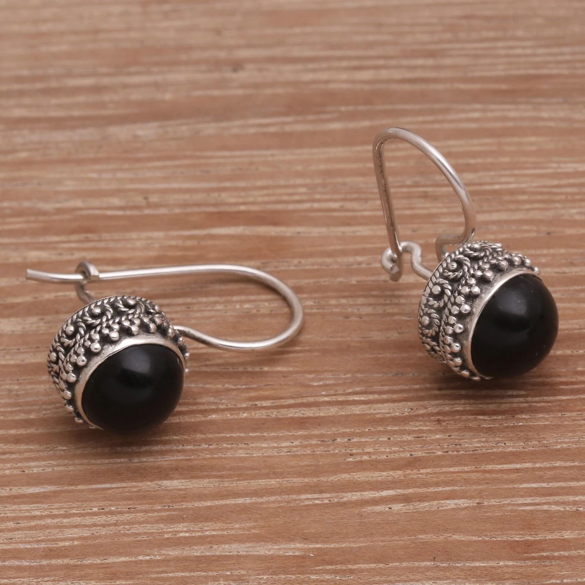 Beauteous Onyx and Sterling Silver Drop Earrings Handmade in Bali - Image 4