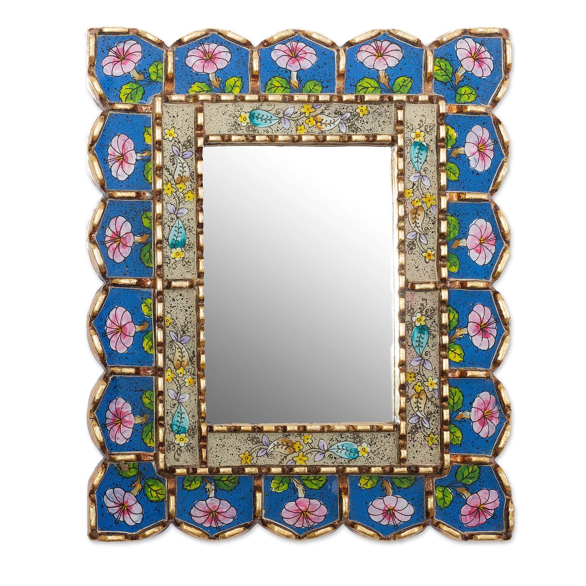 Beautiful Arrangement Floral Motif Bronze Gilded Reverse-Painted Glass Wall Mirror - Image 2