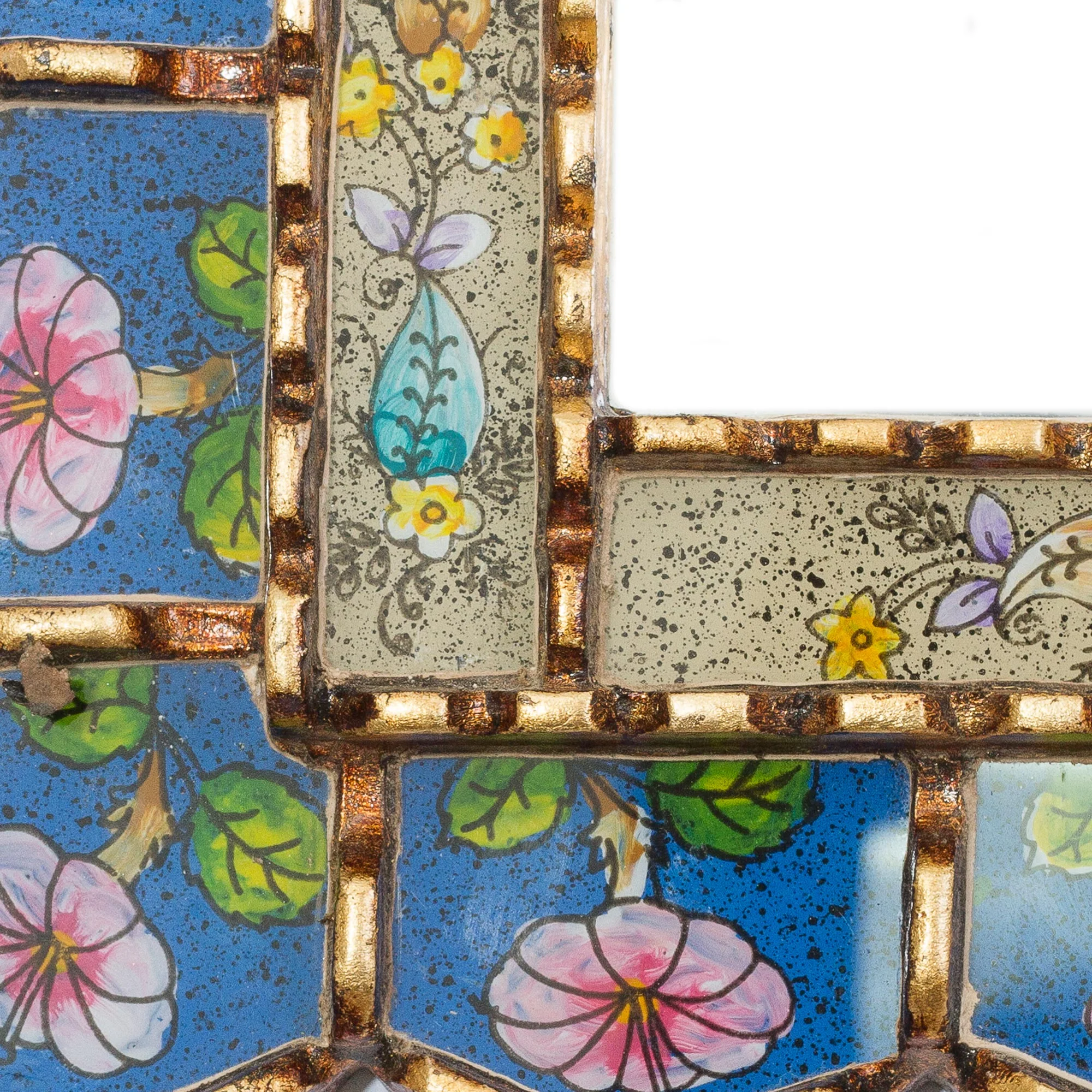 Beautiful Arrangement Floral Motif Bronze Gilded Reverse-Painted Glass Wall Mirror - Image 3