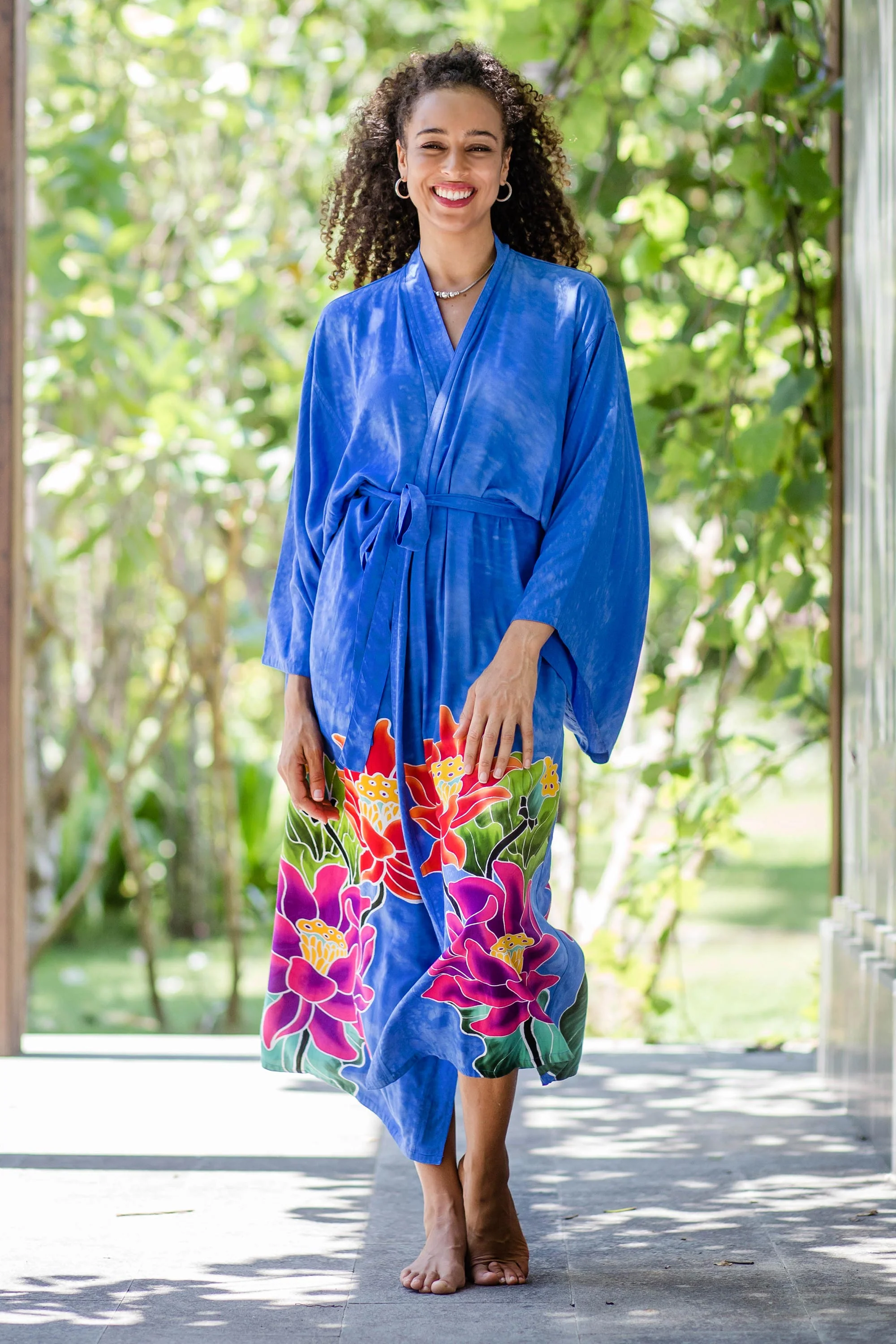 Beautiful Flowers in Blue Blue and Multicolored Floral Rayon Robe - Image 3
