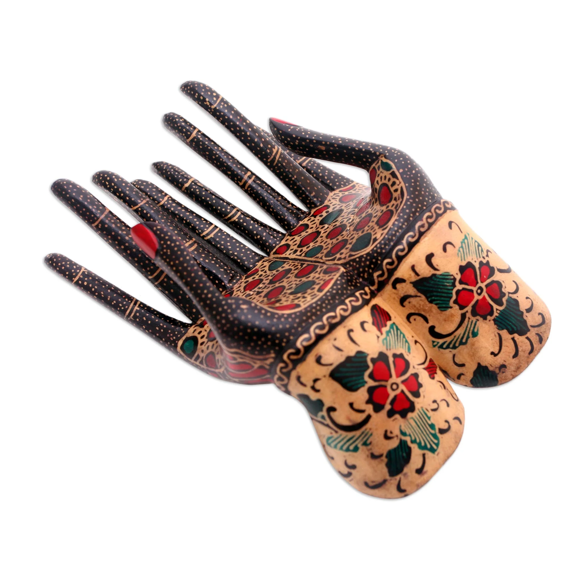 Beautiful Hands Floral Batik Wood Ring Holder from Java - Image 2