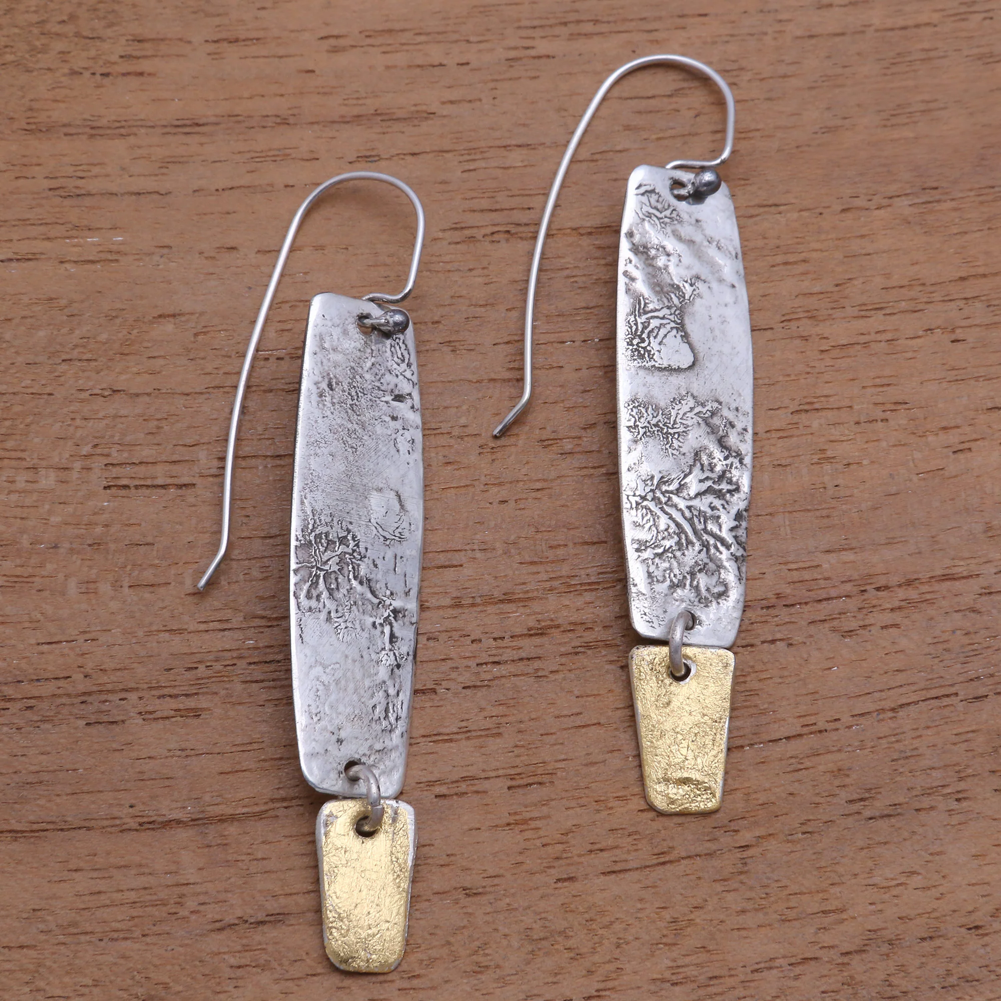 Beautiful Textures Sterling Silver Dangle Earrings with Gold Mica Accent - Image 3