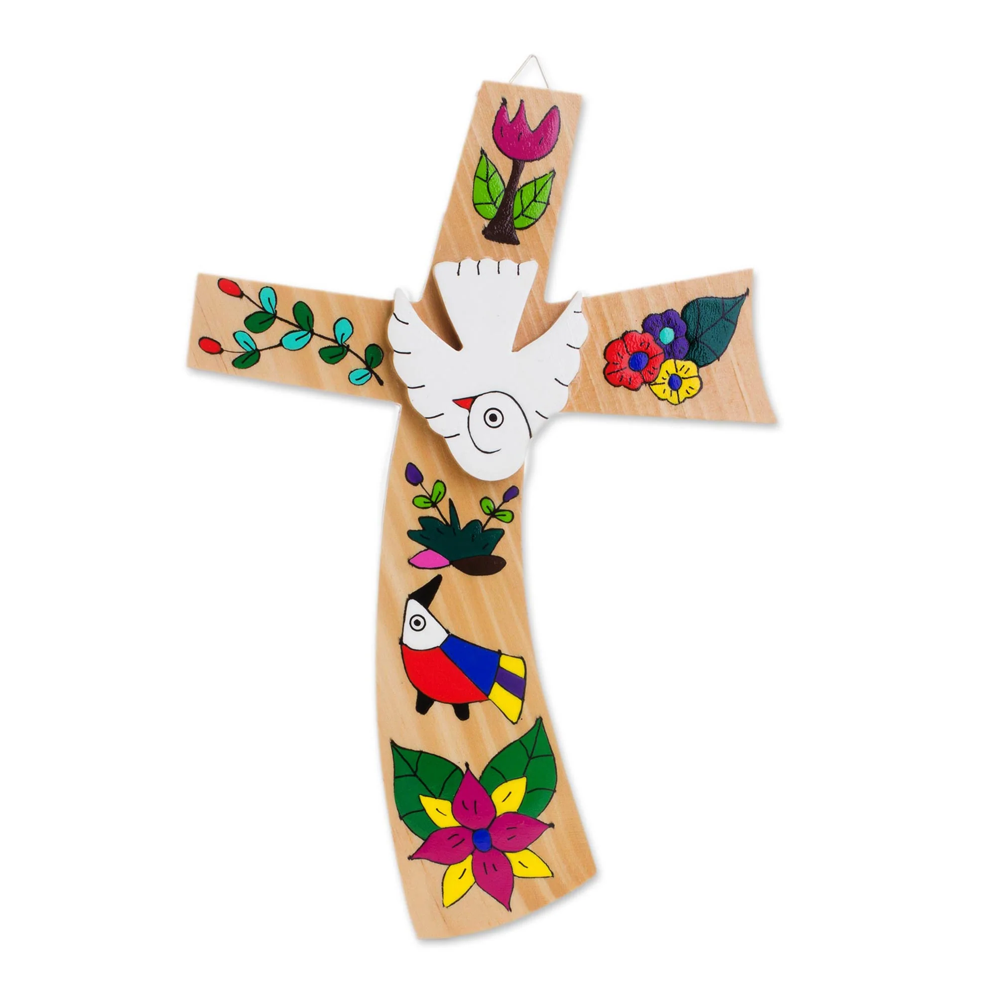 Beauty and Purity Hand-Painted Bird Motif Pinewood Wall Cross from El Salvador - Image 2