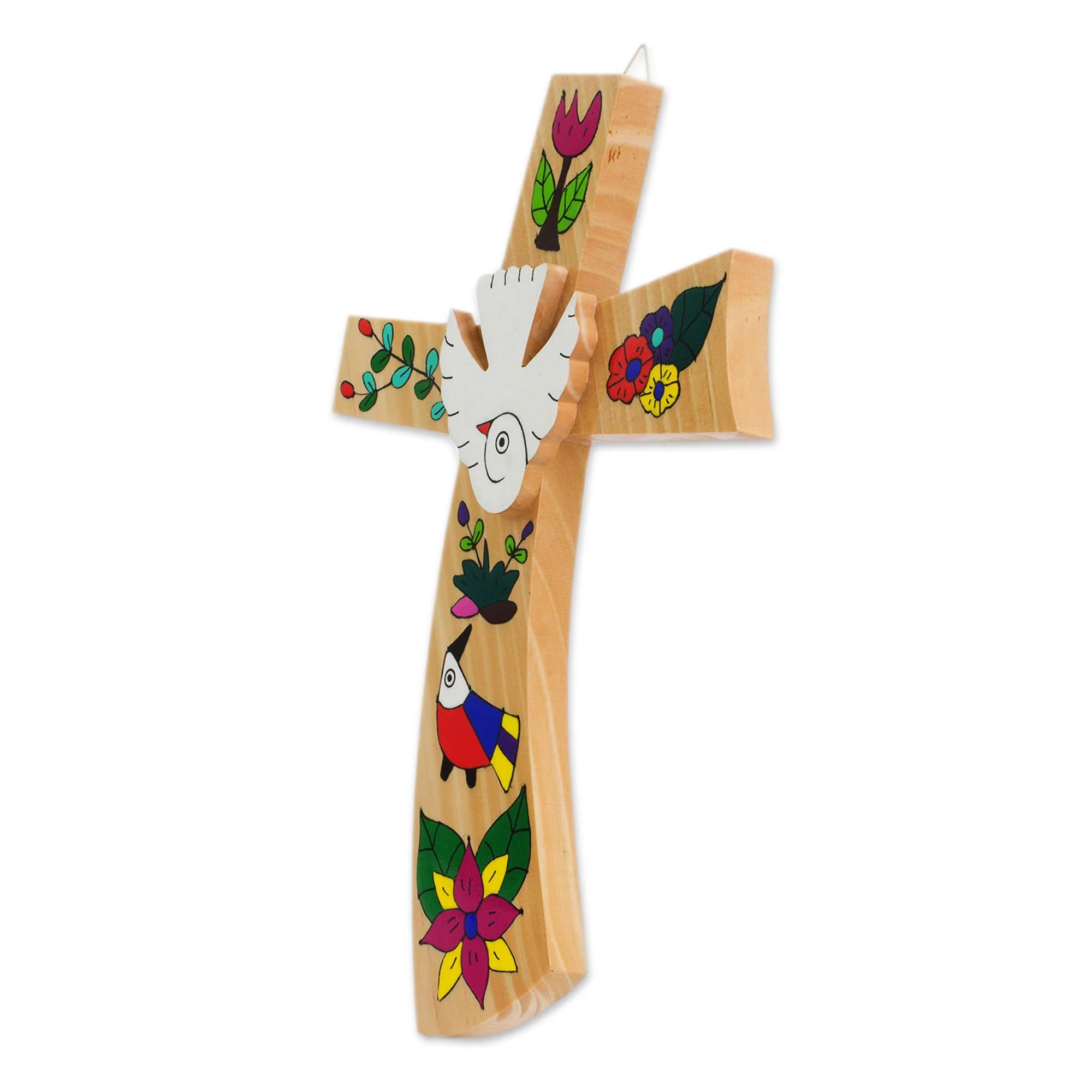 Beauty and Purity Hand-Painted Bird Motif Pinewood Wall Cross from El Salvador - Image 3