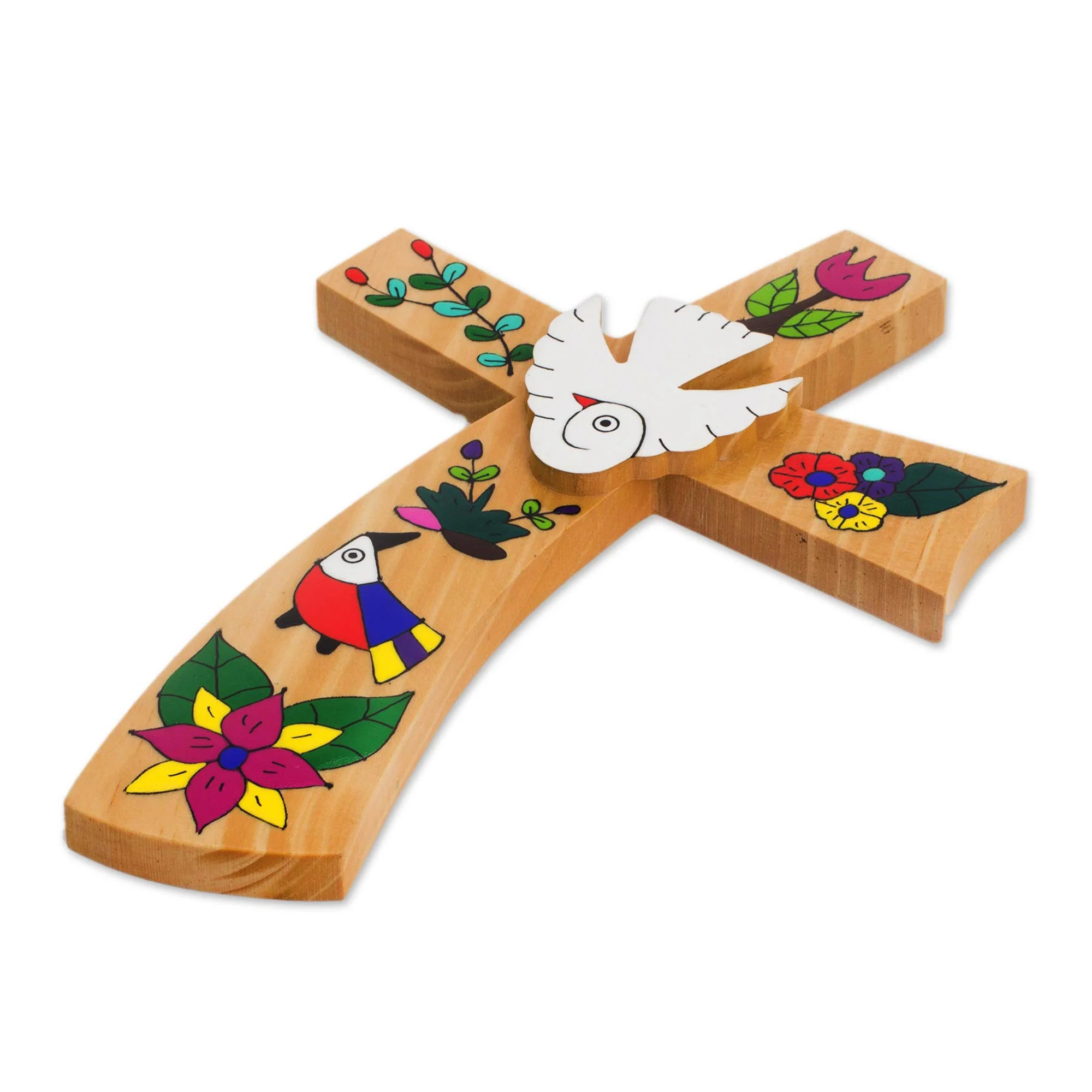 Beauty and Purity Hand-Painted Bird Motif Pinewood Wall Cross from El Salvador - Image 4
