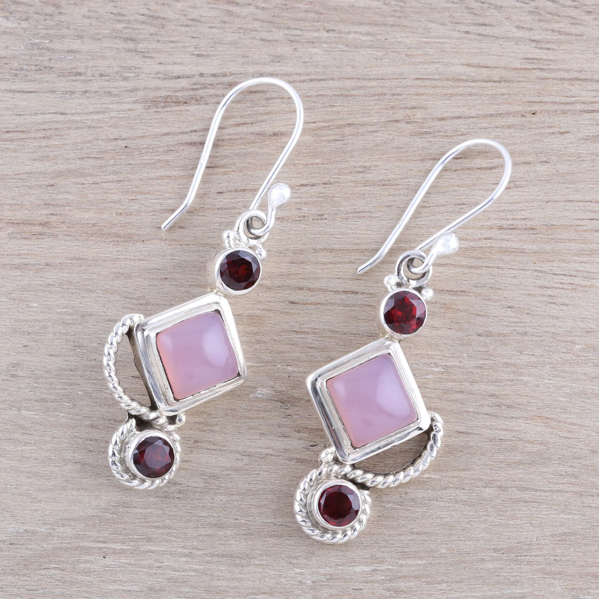 Beauty of the Horizon Garnet and Pink Chalcedony Dangle Earrings Handmade in India - Image 3