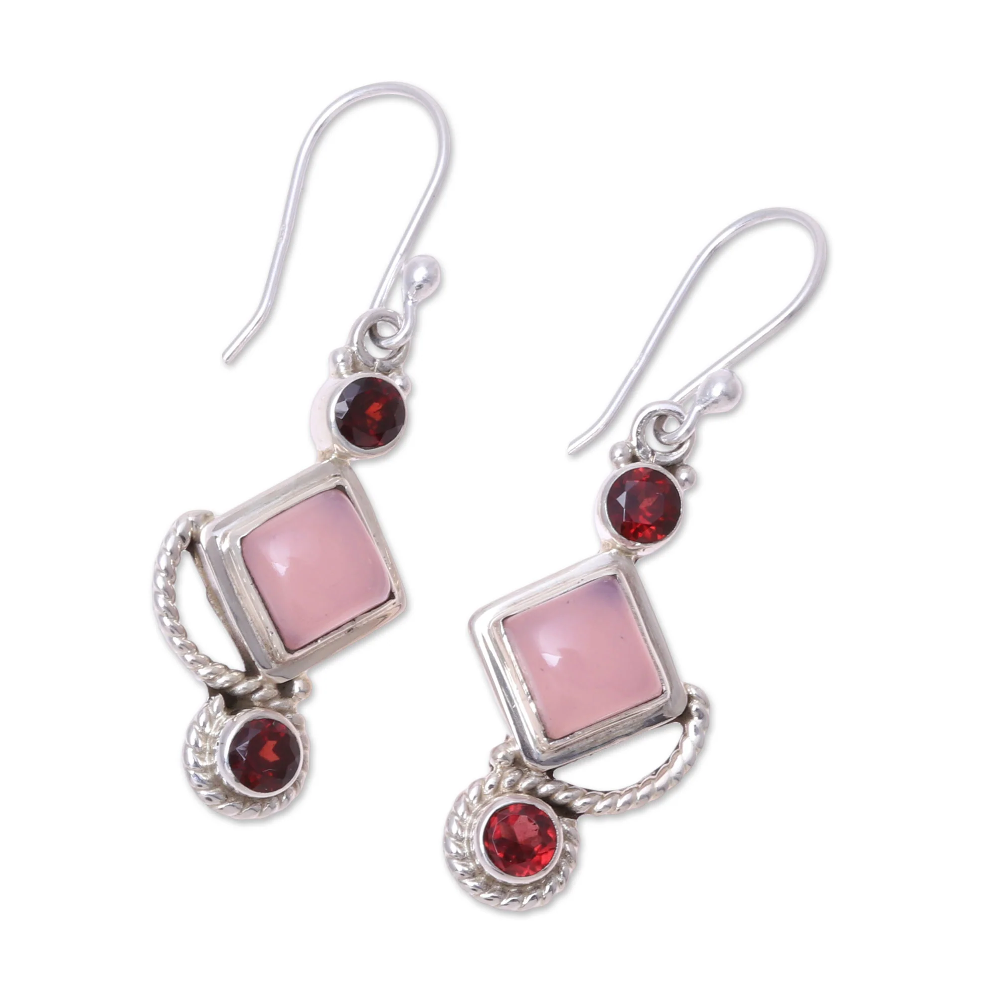 Beauty of the Horizon Garnet and Pink Chalcedony Dangle Earrings Handmade in India - Image 4