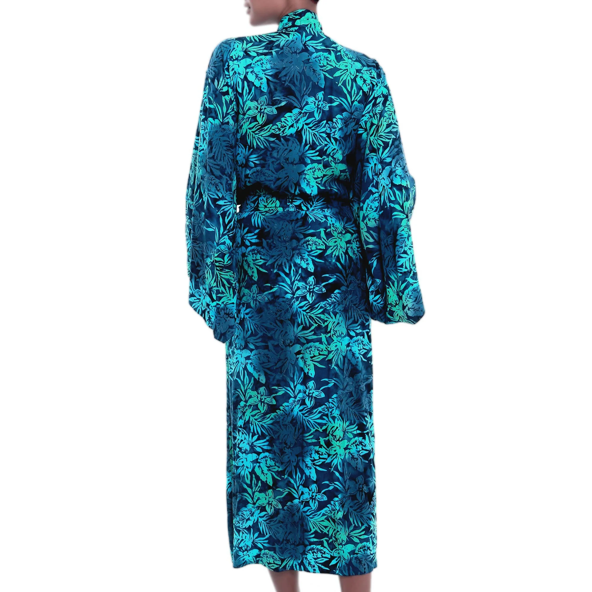Bedugul Dusk Navy and Green Batik Print Long Sleeved Rayon Robe with Belt - Image 5