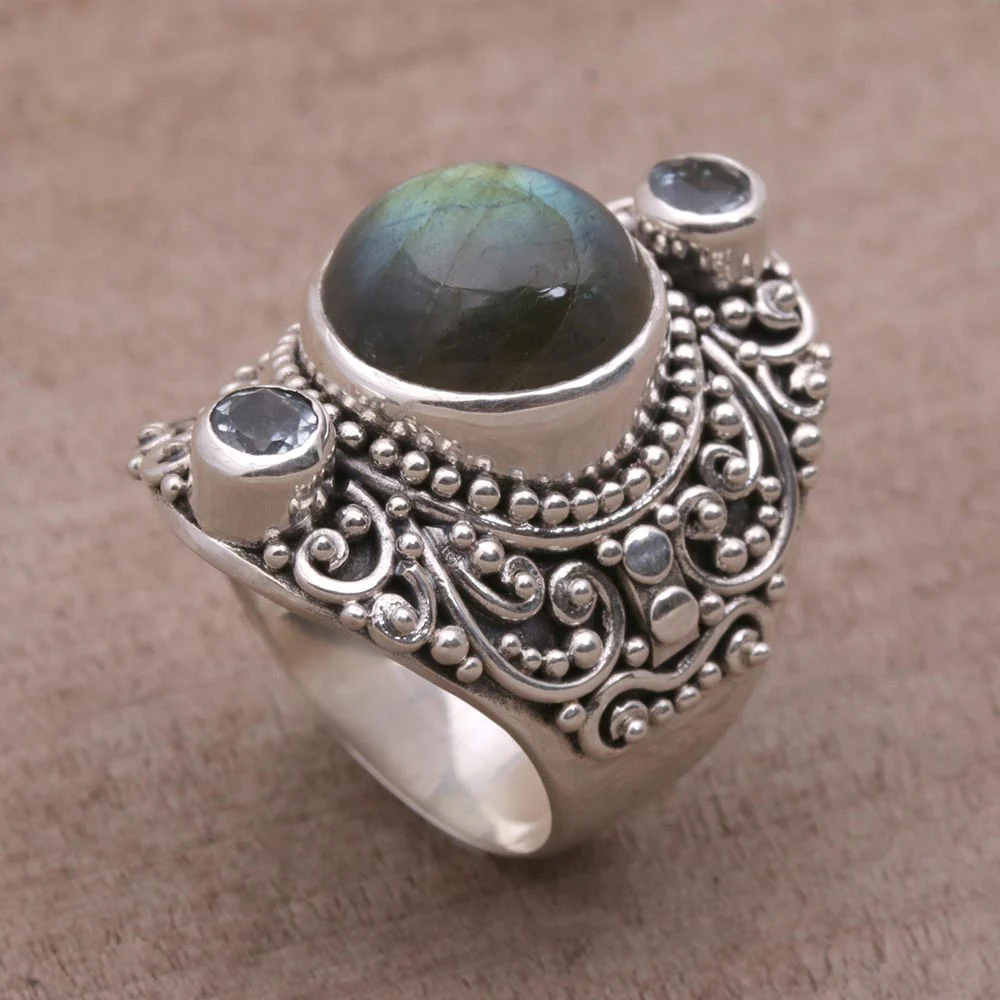 Beguiling Soul Labradorite and Blue Topaz Cocktail Ring from Bali - Image 3