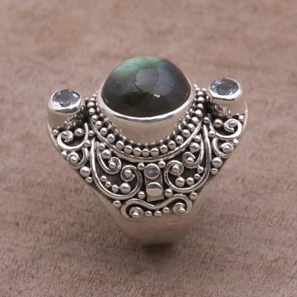 Beguiling Soul Labradorite and Blue Topaz Cocktail Ring from Bali - Image 4