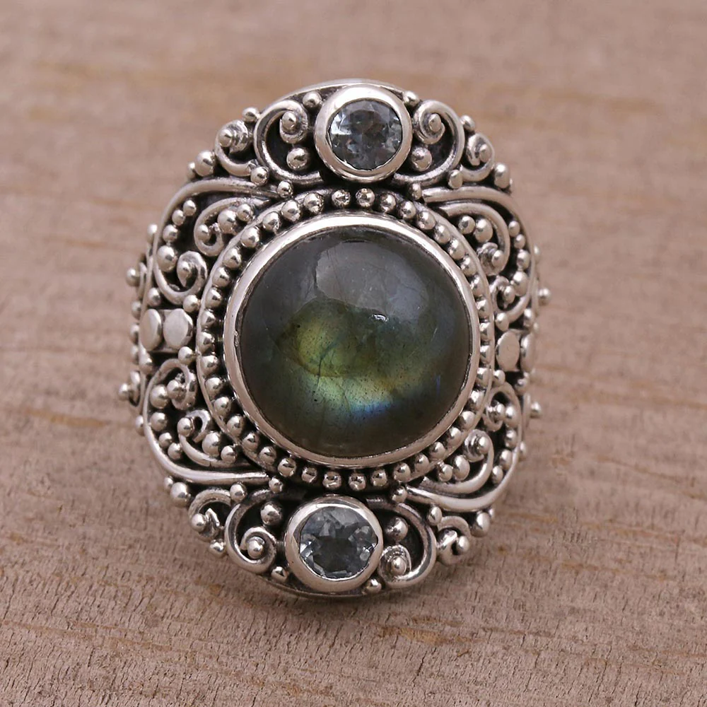 Beguiling Soul Labradorite and Blue Topaz Cocktail Ring from Bali - Image 5