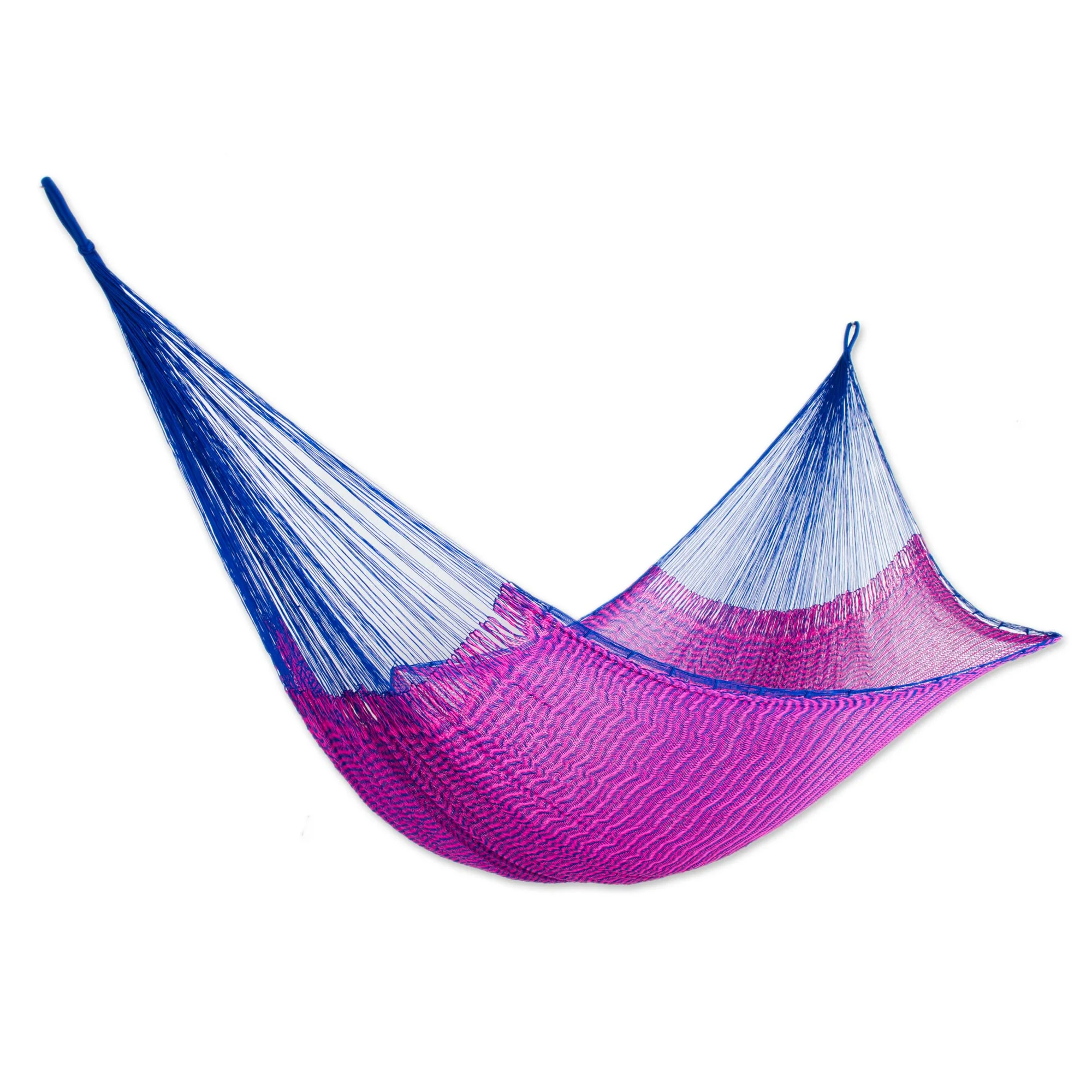 Berry Blossom Hand Woven Pink and Blue Nylon Hammock from Mexico (Double) - Image 2