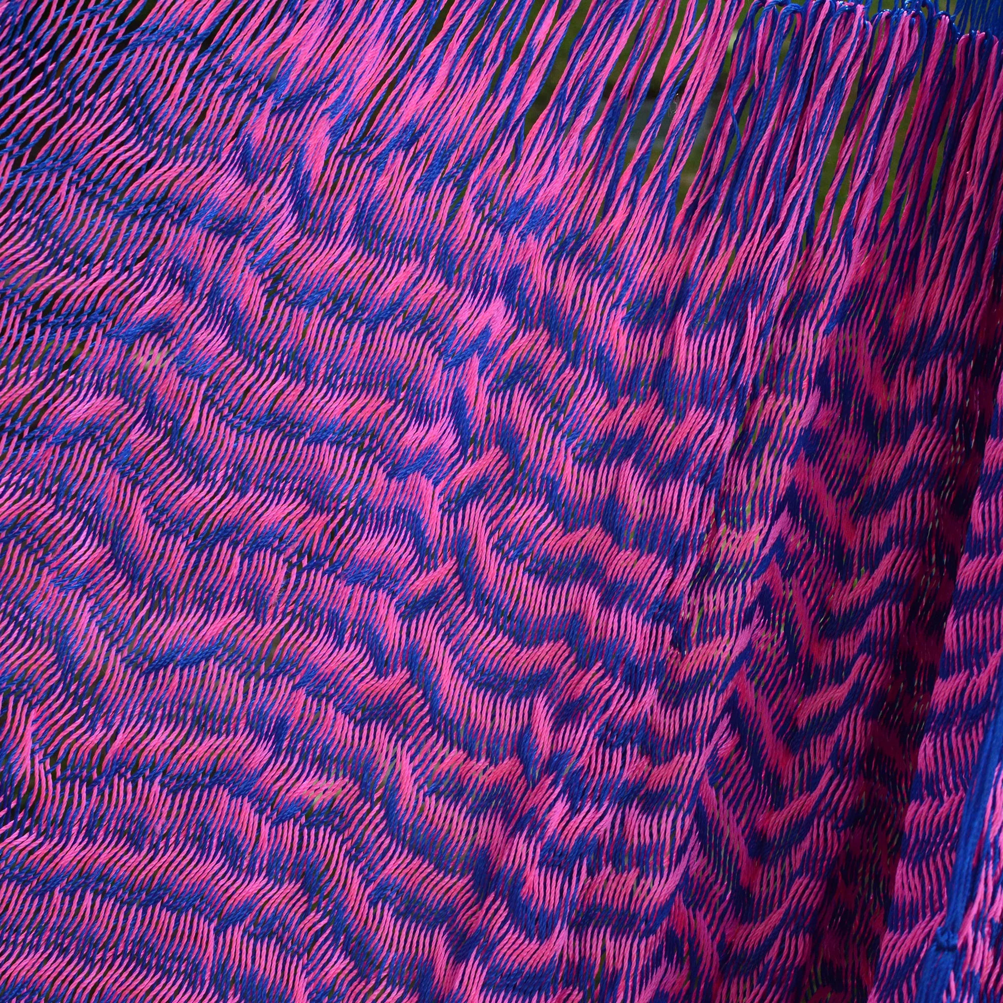 Berry Blossom Hand Woven Pink and Blue Nylon Hammock from Mexico (Double) - Image 4