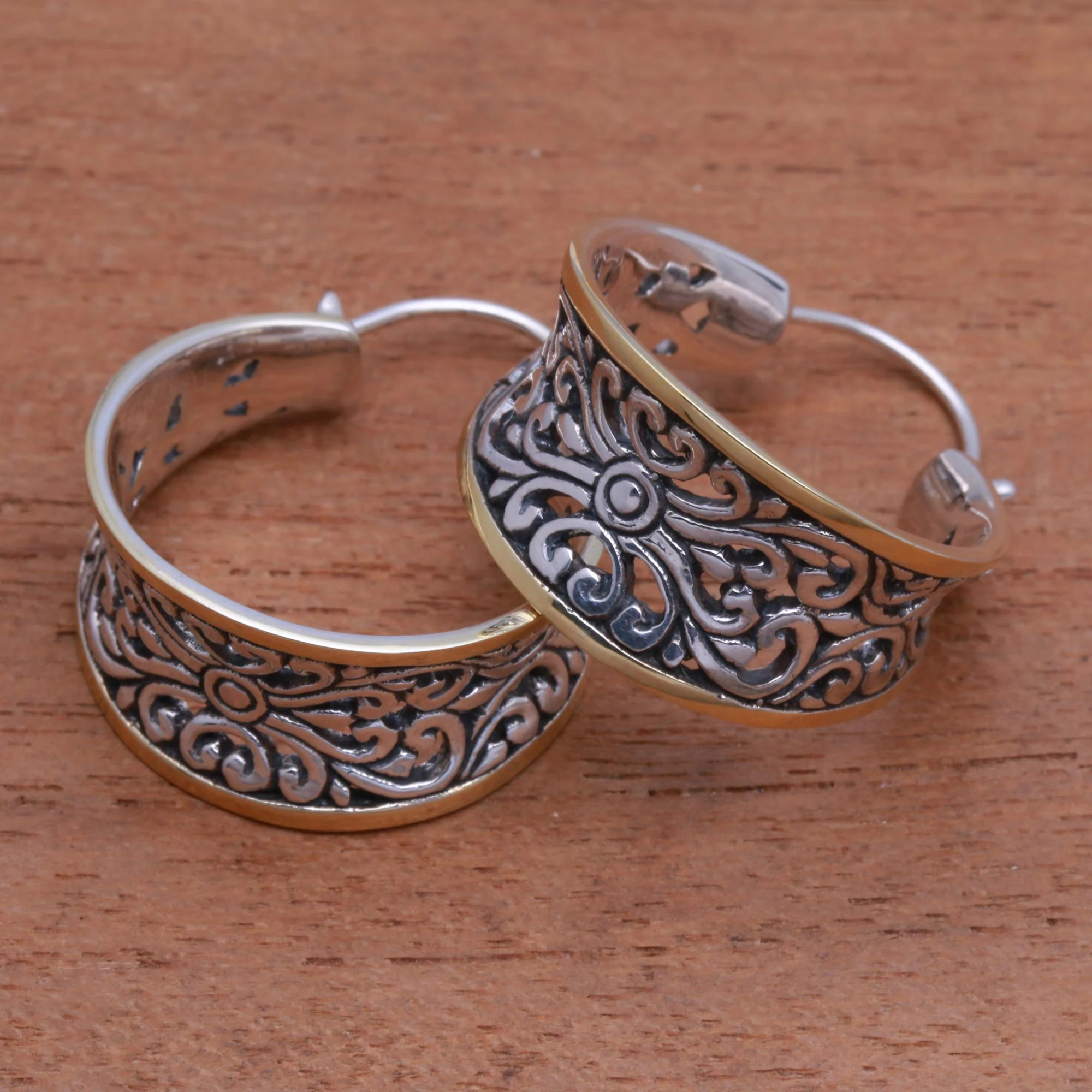 Between Sunlight Gold Accented Sterling Silver Hoop Earrings from Bali - Image 4