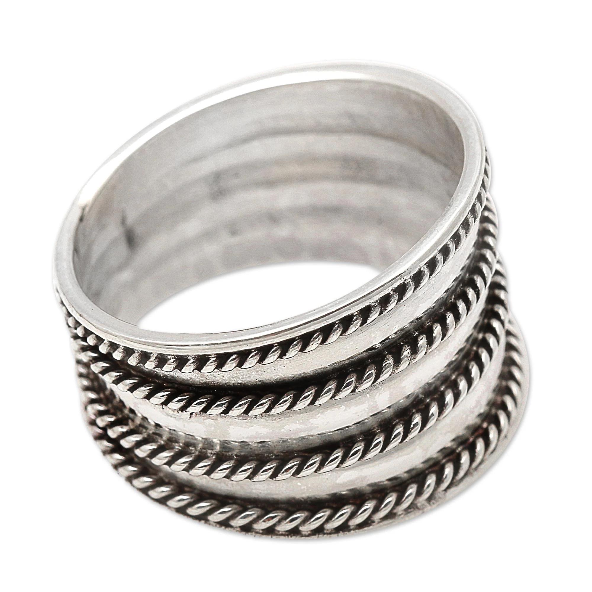 Between the Lines Rope Motif Wide Sterling Silver Band RIng - Image 3