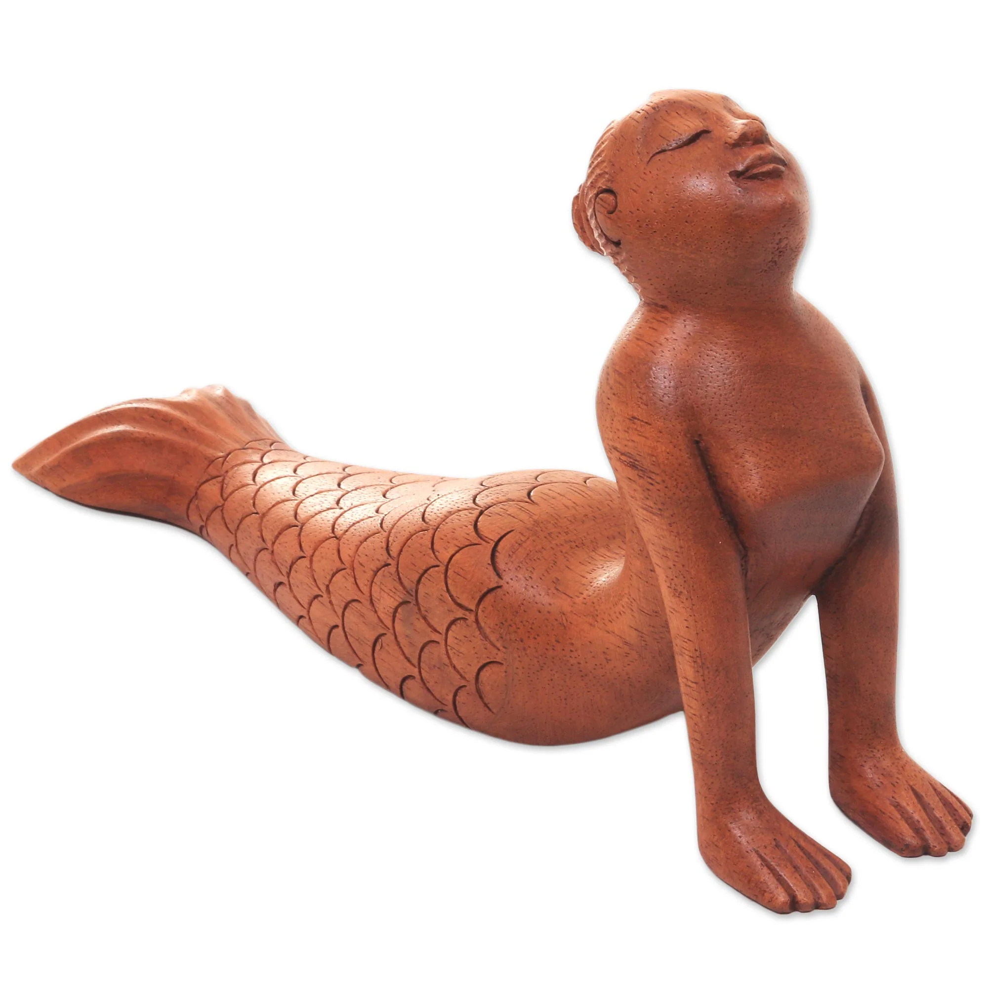 Bhujangasana Mermaid Signed Artisan Carved Mermaid and Yoga Theme Wood Sculpture - Image 2