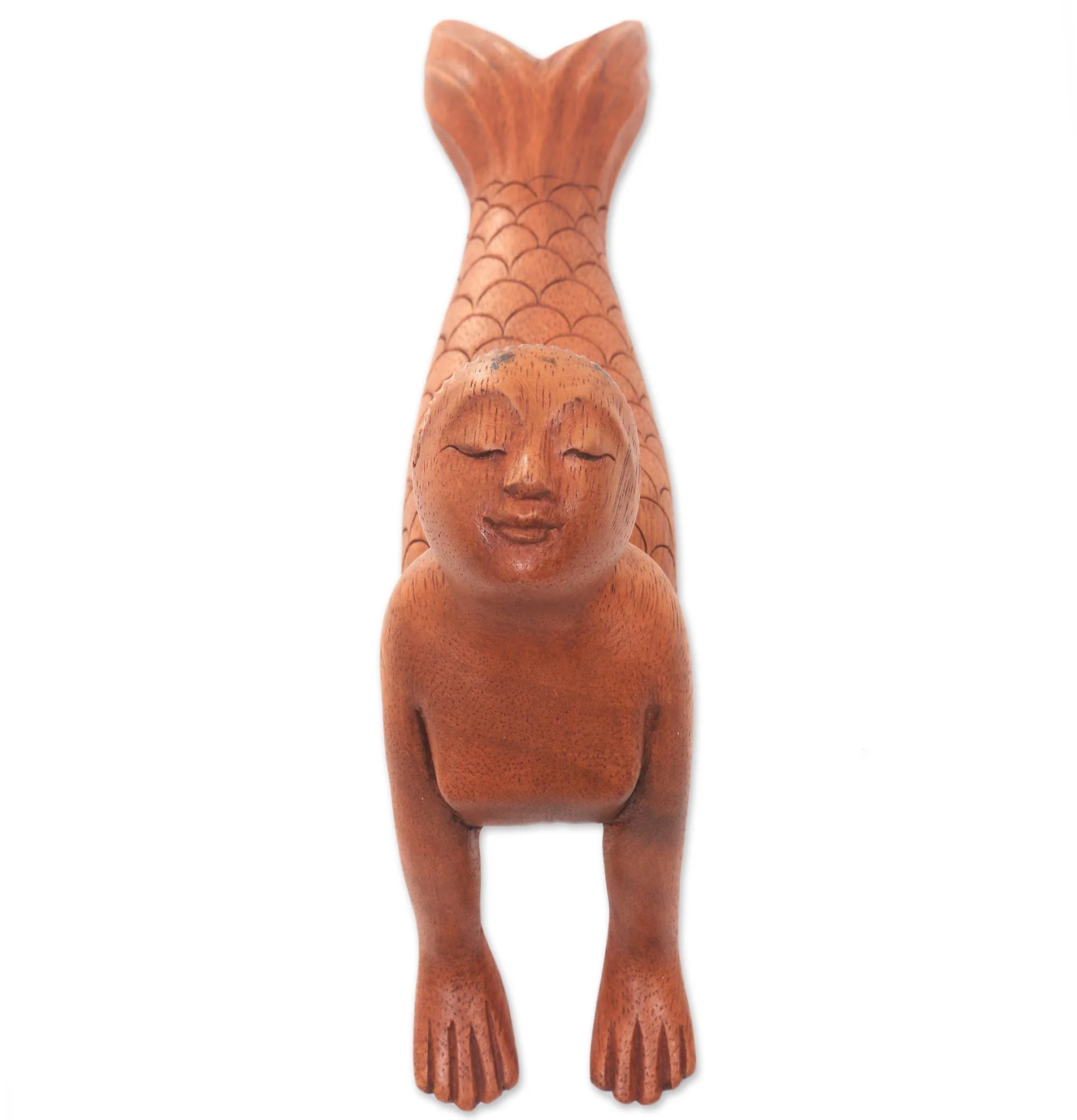 Bhujangasana Mermaid Signed Artisan Carved Mermaid and Yoga Theme Wood Sculpture - Image 5