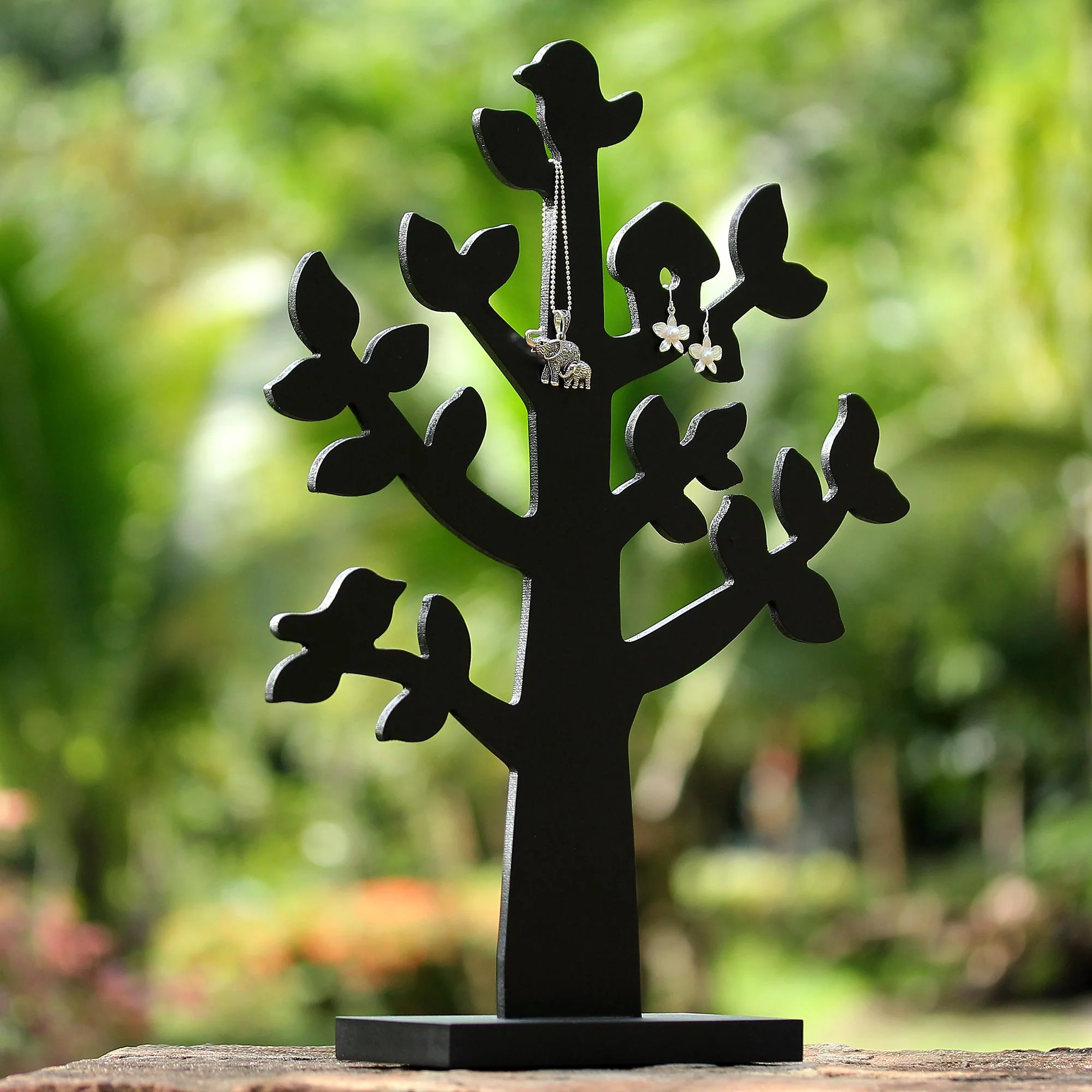 Bird Habitat in Black Wood Jewelry Tree with Bird in Black from Thailand - Image 3