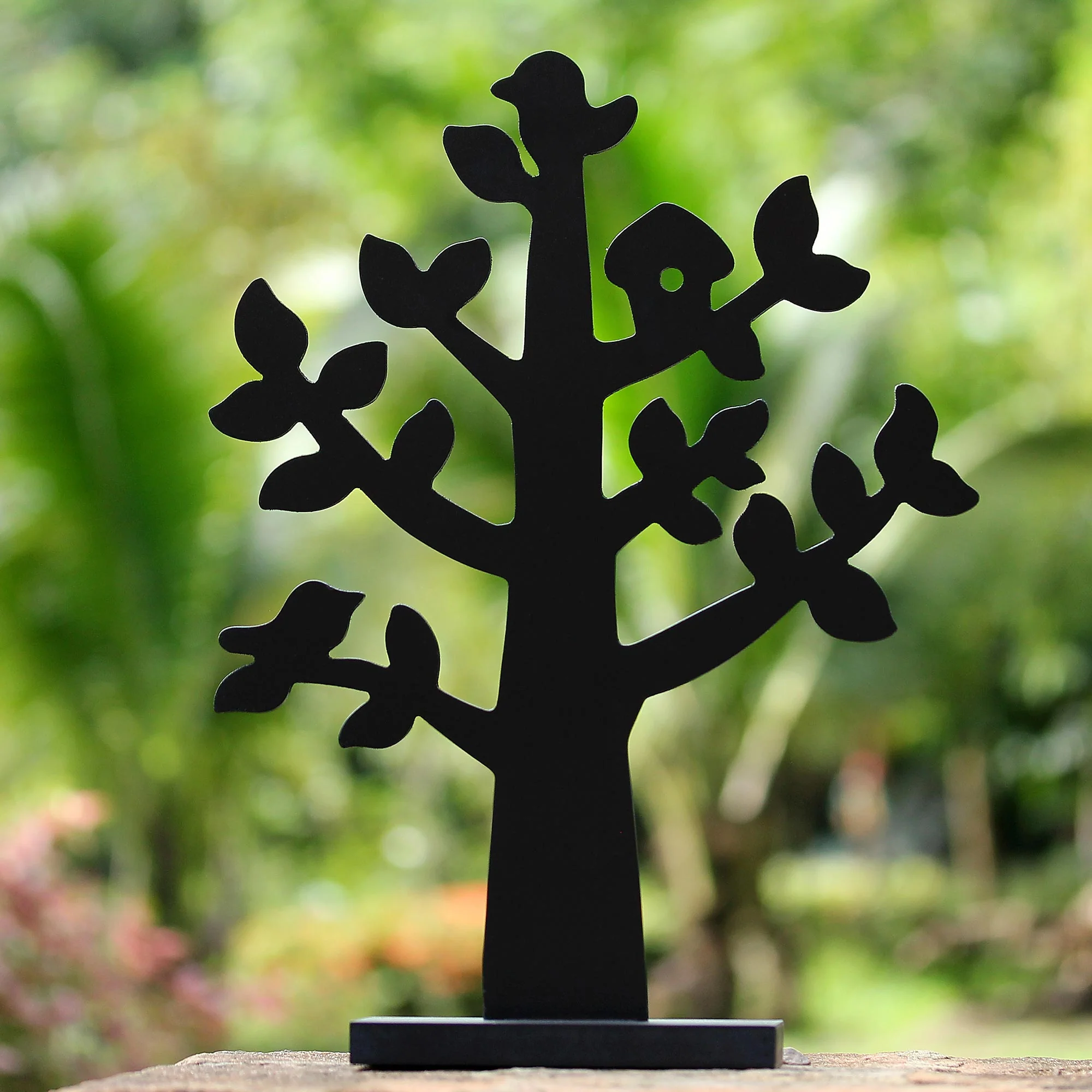 Bird Habitat in Black Wood Jewelry Tree with Bird in Black from Thailand - Image 4