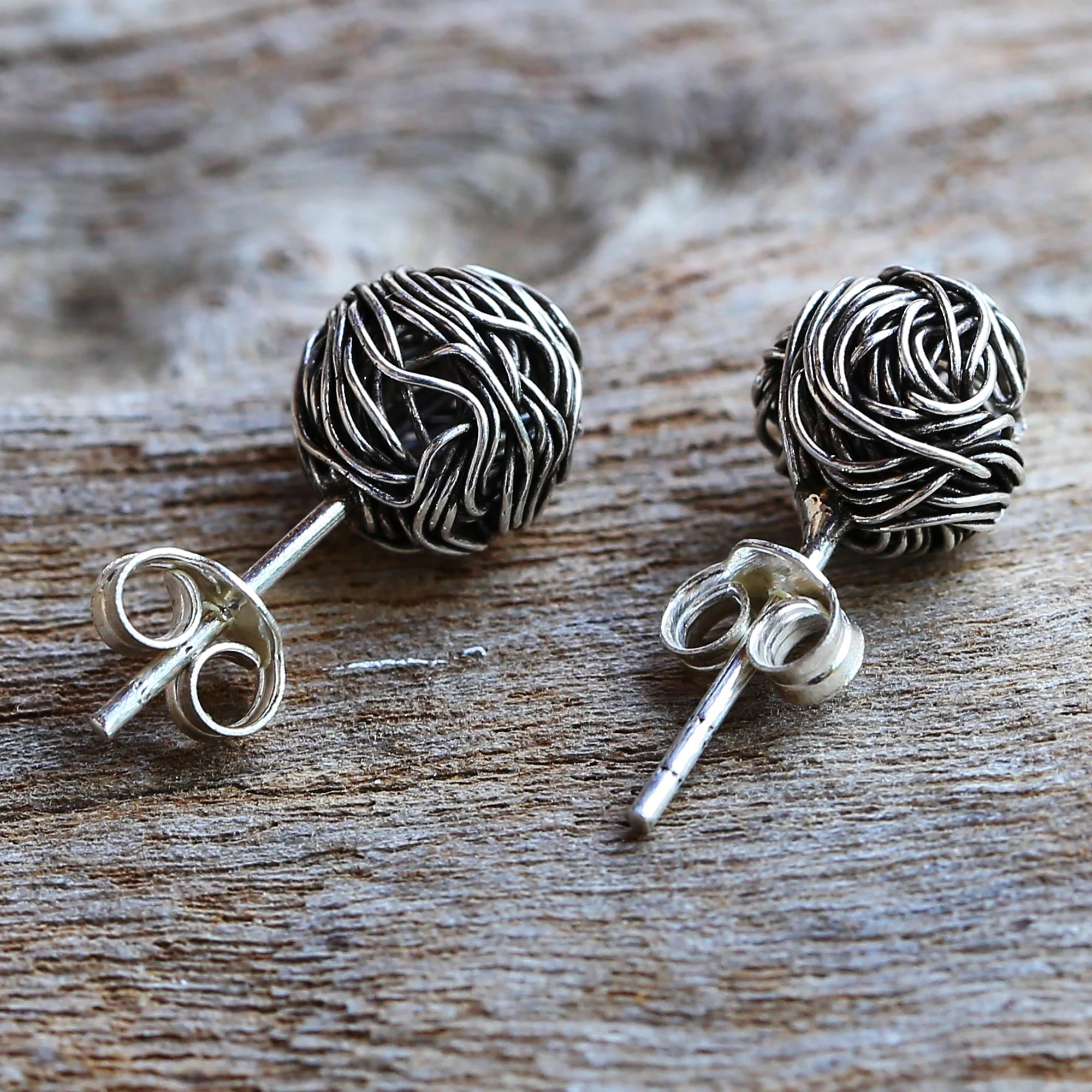 Bird Nests Sterling Silver Stud Earrings Round Shape from Thailand - Image 4