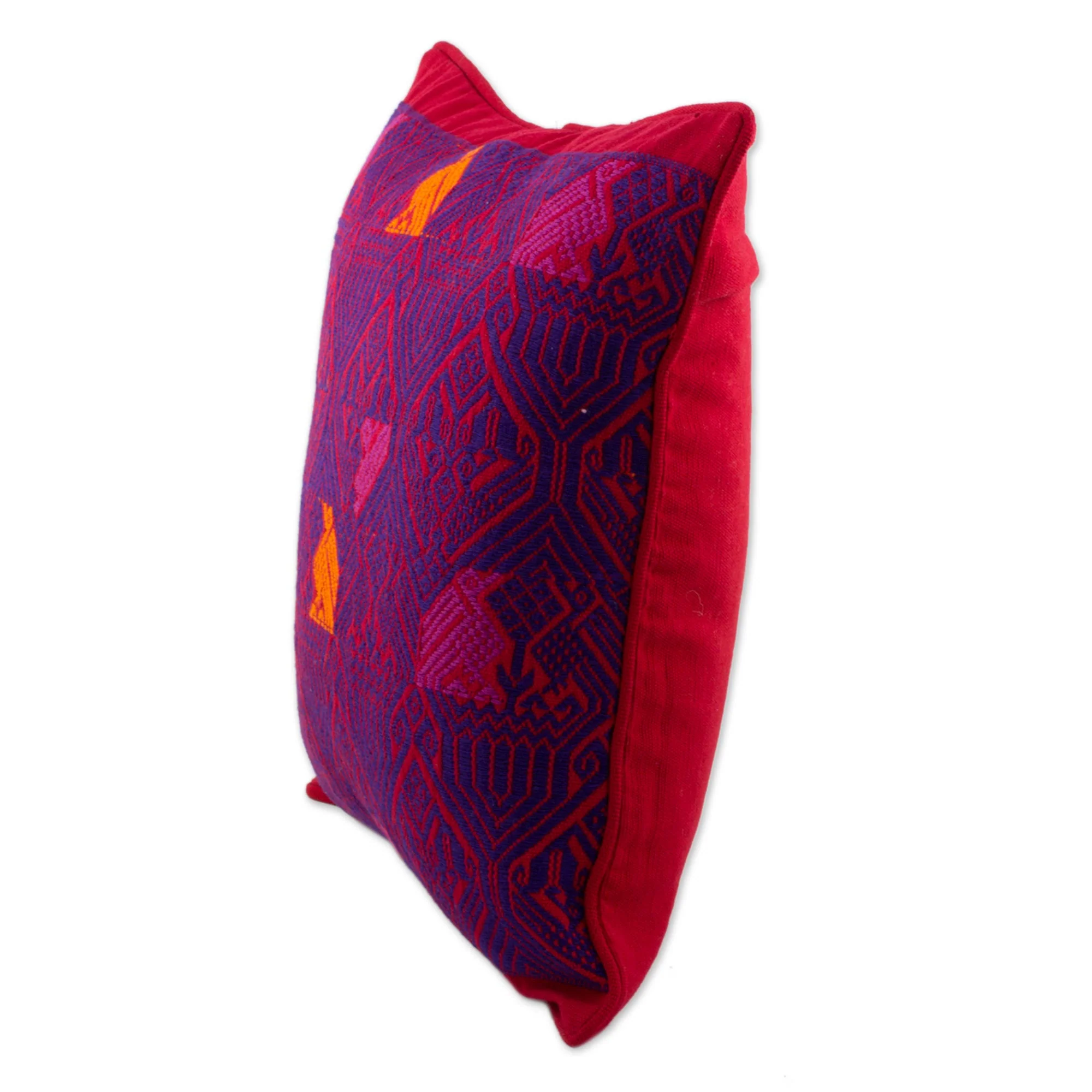 Birds in Color Handwoven Maya Backstrap Loom Red and Purple Cushion Cover - Image 3