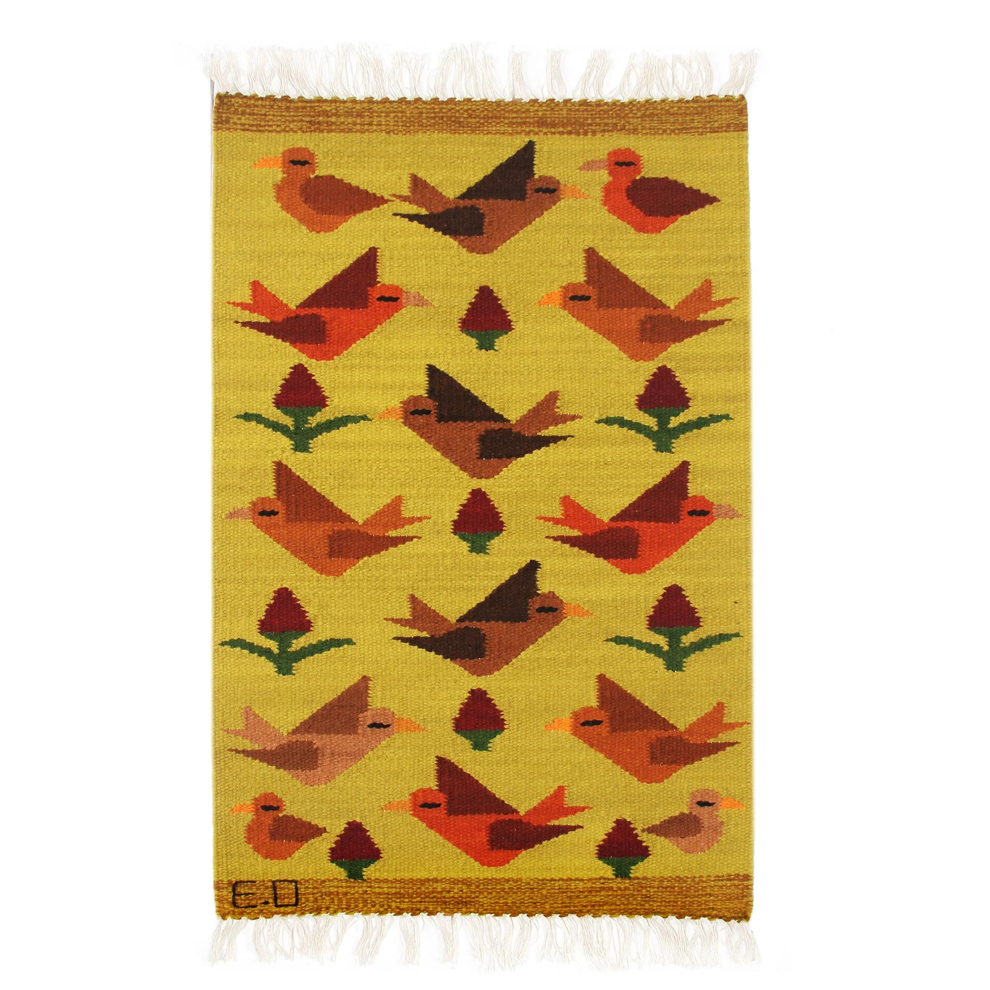 Birds on the Wing Peruvian Handwoven Yellow Wool Rug with Birds - Image 2