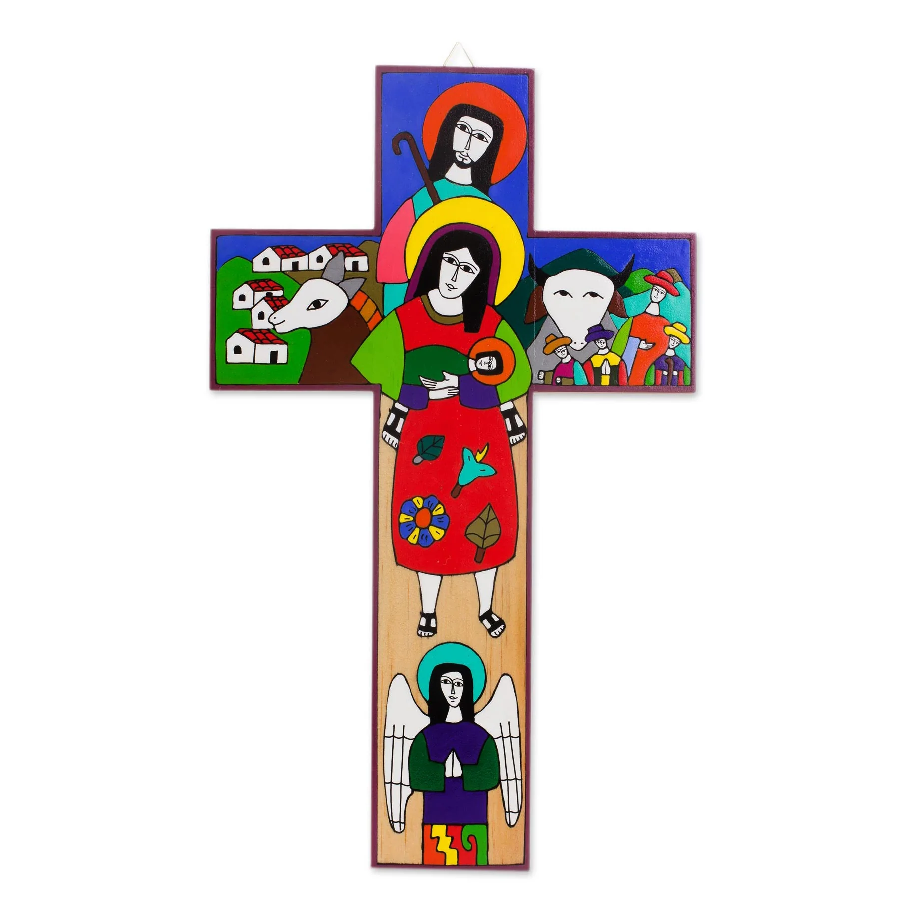 Birth of Jesus Hand-Painted Nativity Pinewood Wall Cross from El Salvador - Image 2