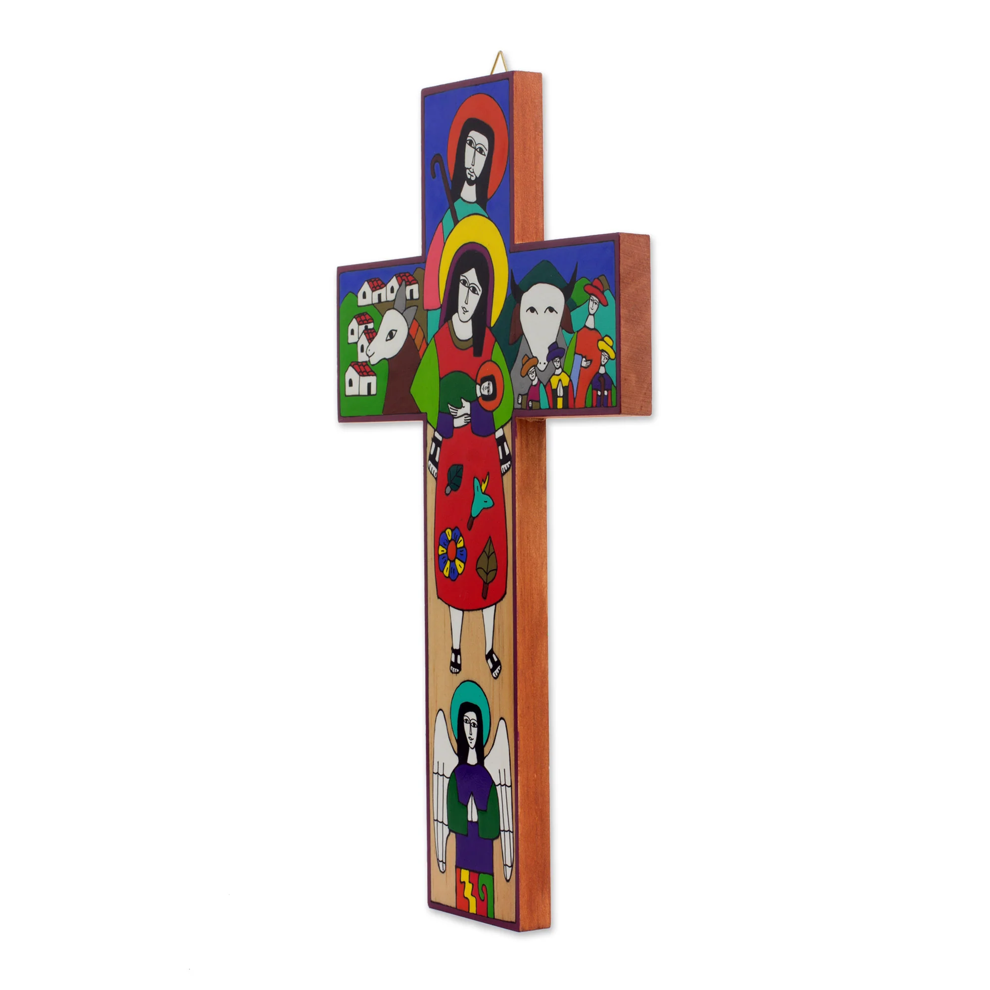 Birth of Jesus Hand-Painted Nativity Pinewood Wall Cross from El Salvador - Image 3