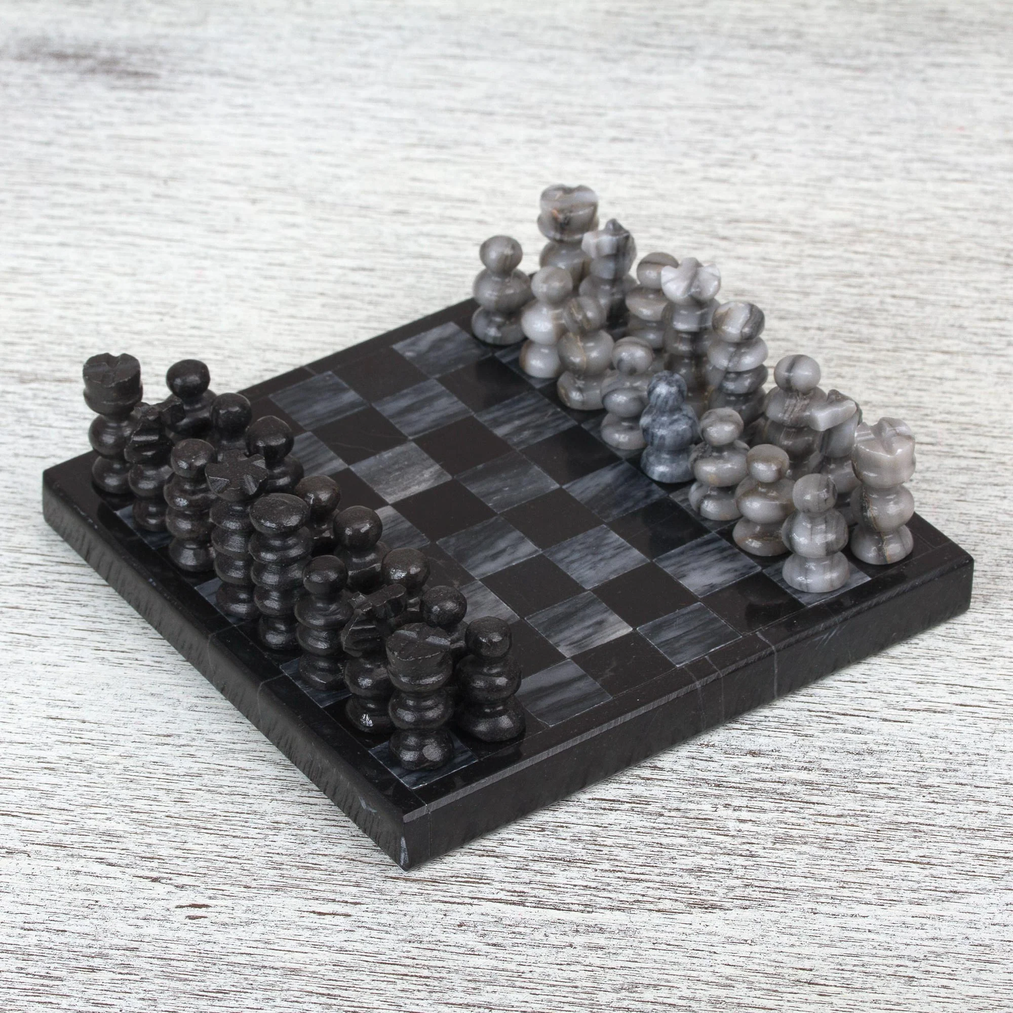 Black and Grey Challenge Handcrafted Mini Marble Chess Set in Black and Grey