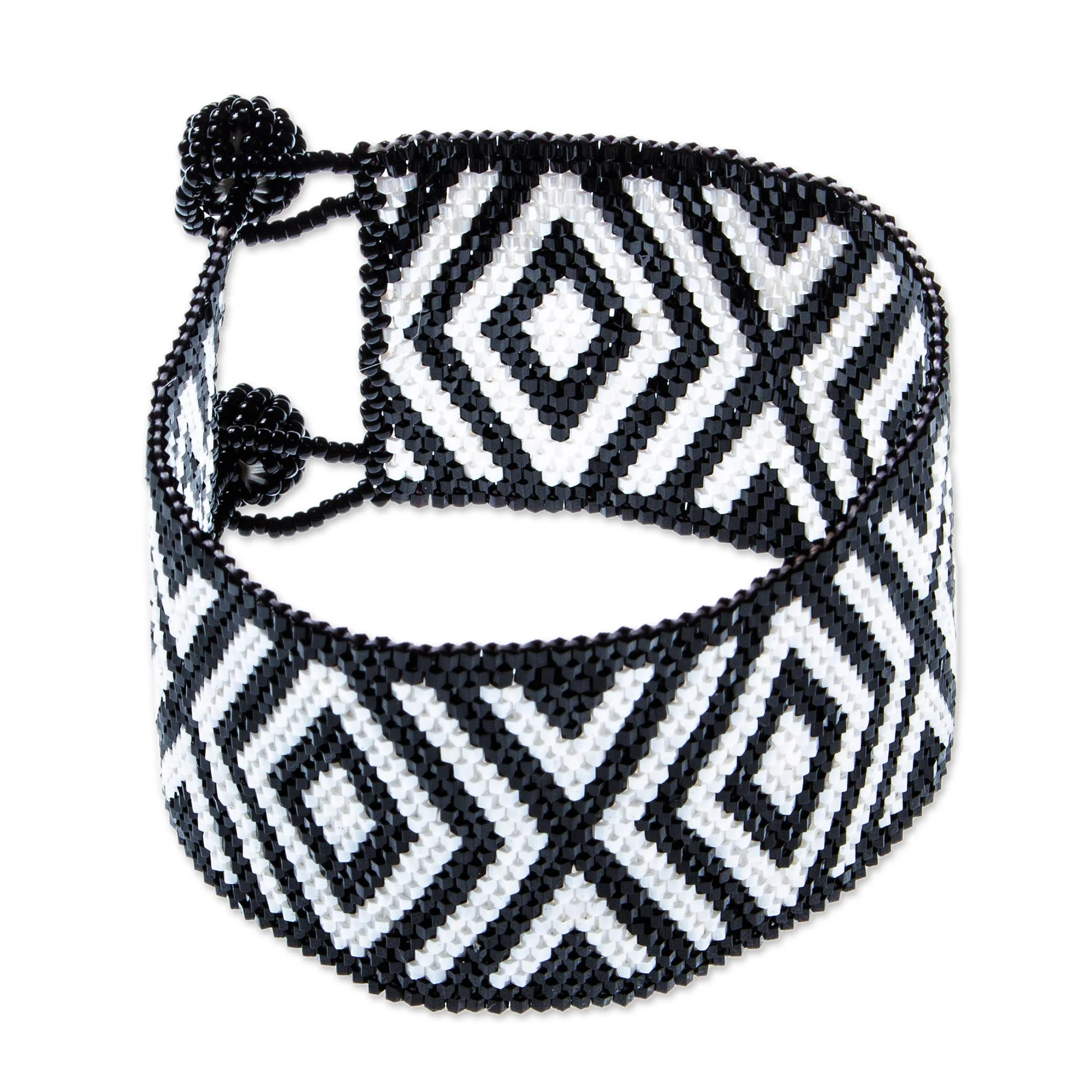 Black and White Diamonds Huichol Handmade Black and White Beadwork Bracelet - Image 2