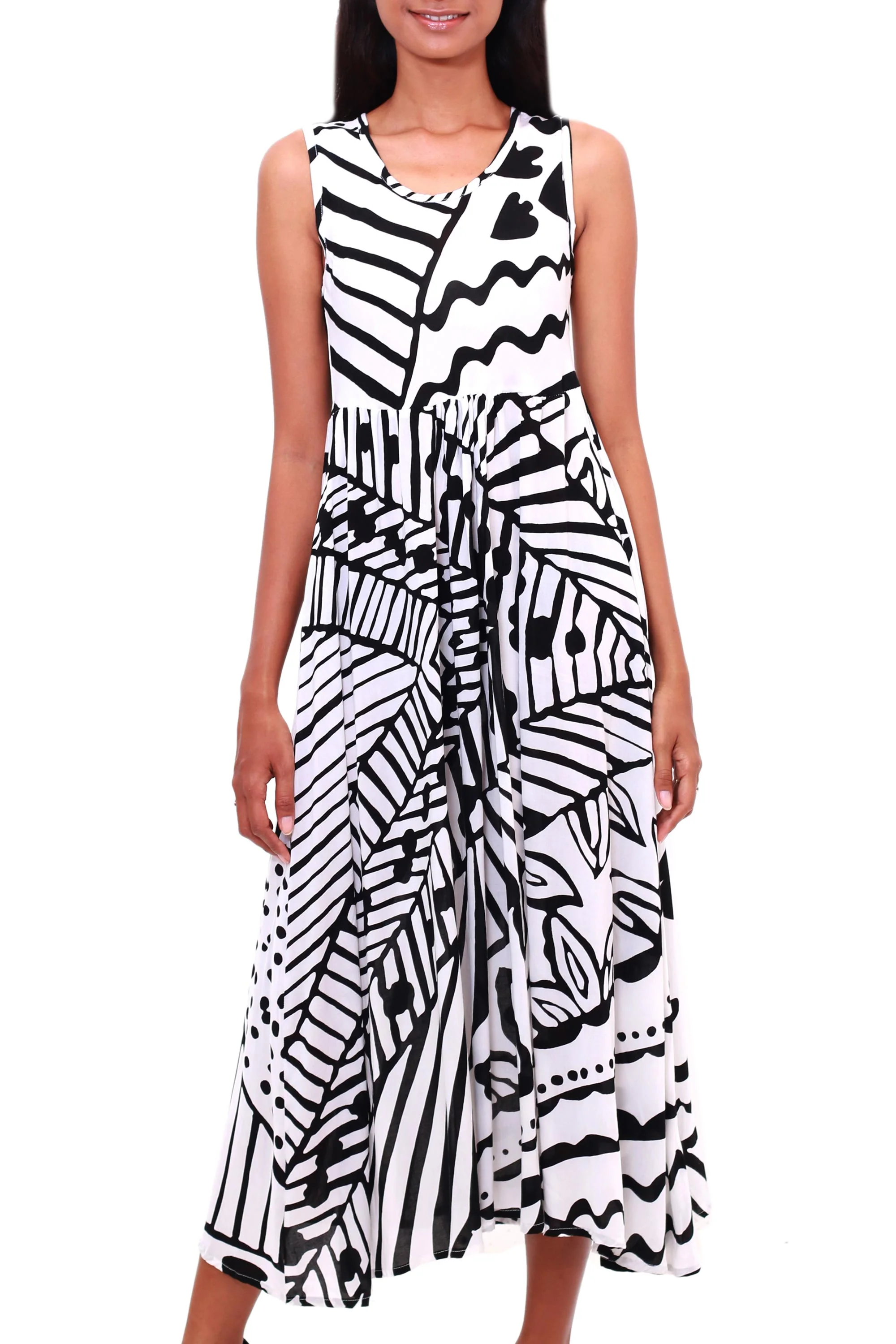 Black and White Jungle Onyx and Eggshell Rayon A-Line Dress from Bali - Image 2