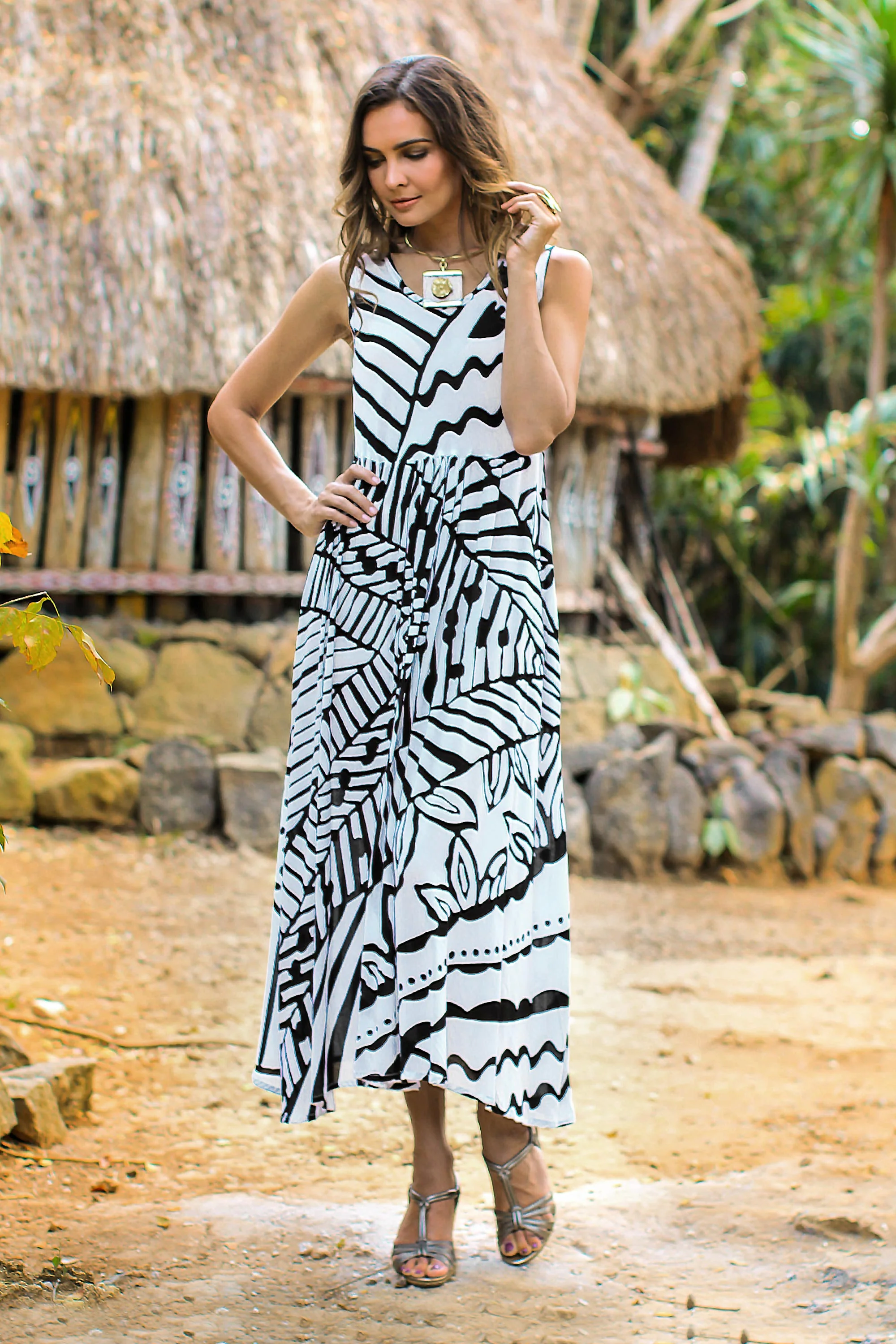 Black and White Jungle Onyx and Eggshell Rayon A-Line Dress from Bali - Image 3