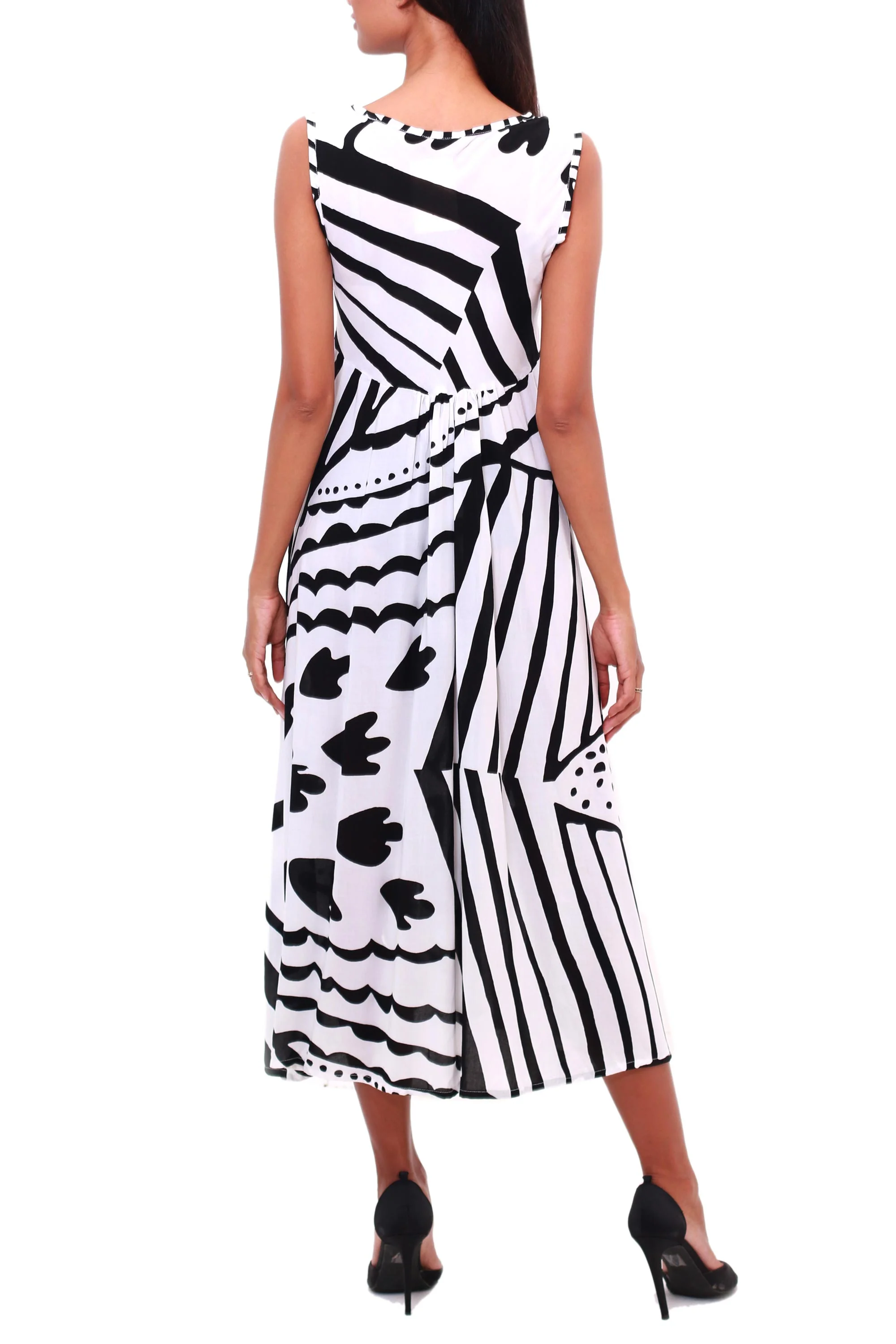 Black and White Jungle Onyx and Eggshell Rayon A-Line Dress from Bali - Image 4