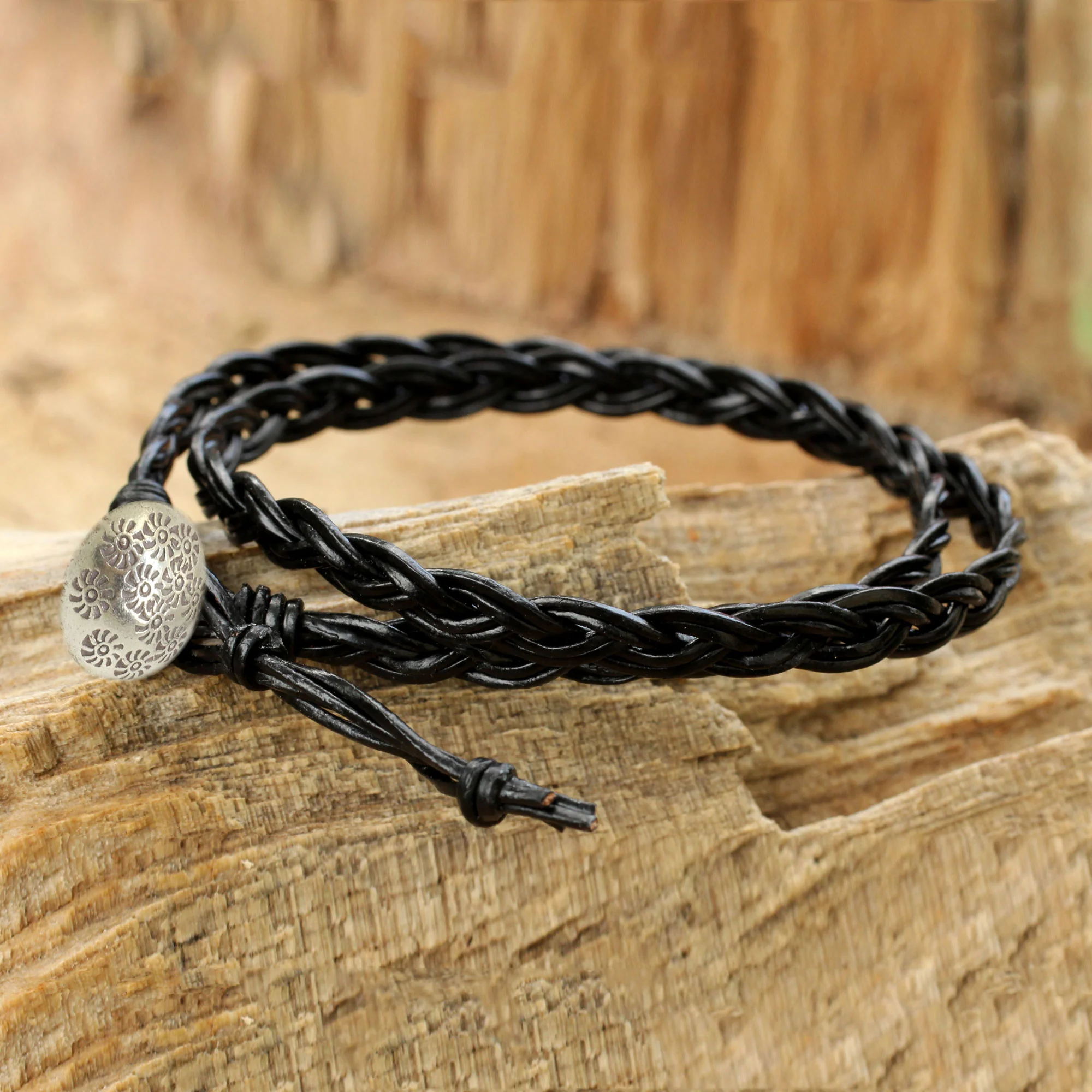Black Braid Black Braided Leather Bracelet with Hill Tribe Silver - Image 3