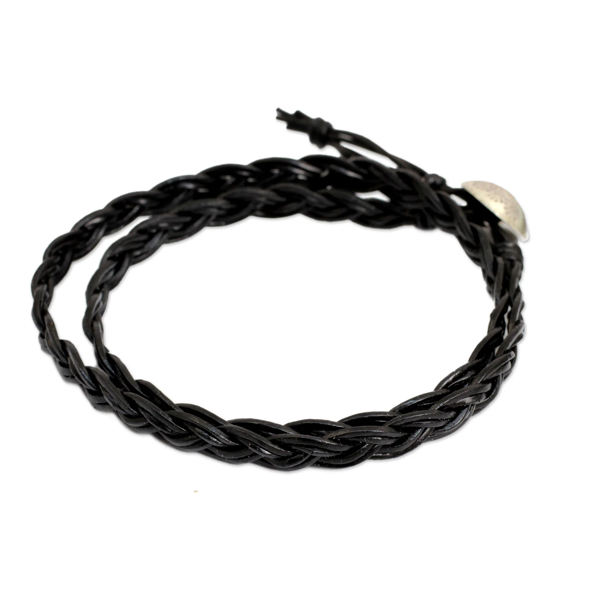 Black Braid Black Braided Leather Bracelet with Hill Tribe Silver - Image 4