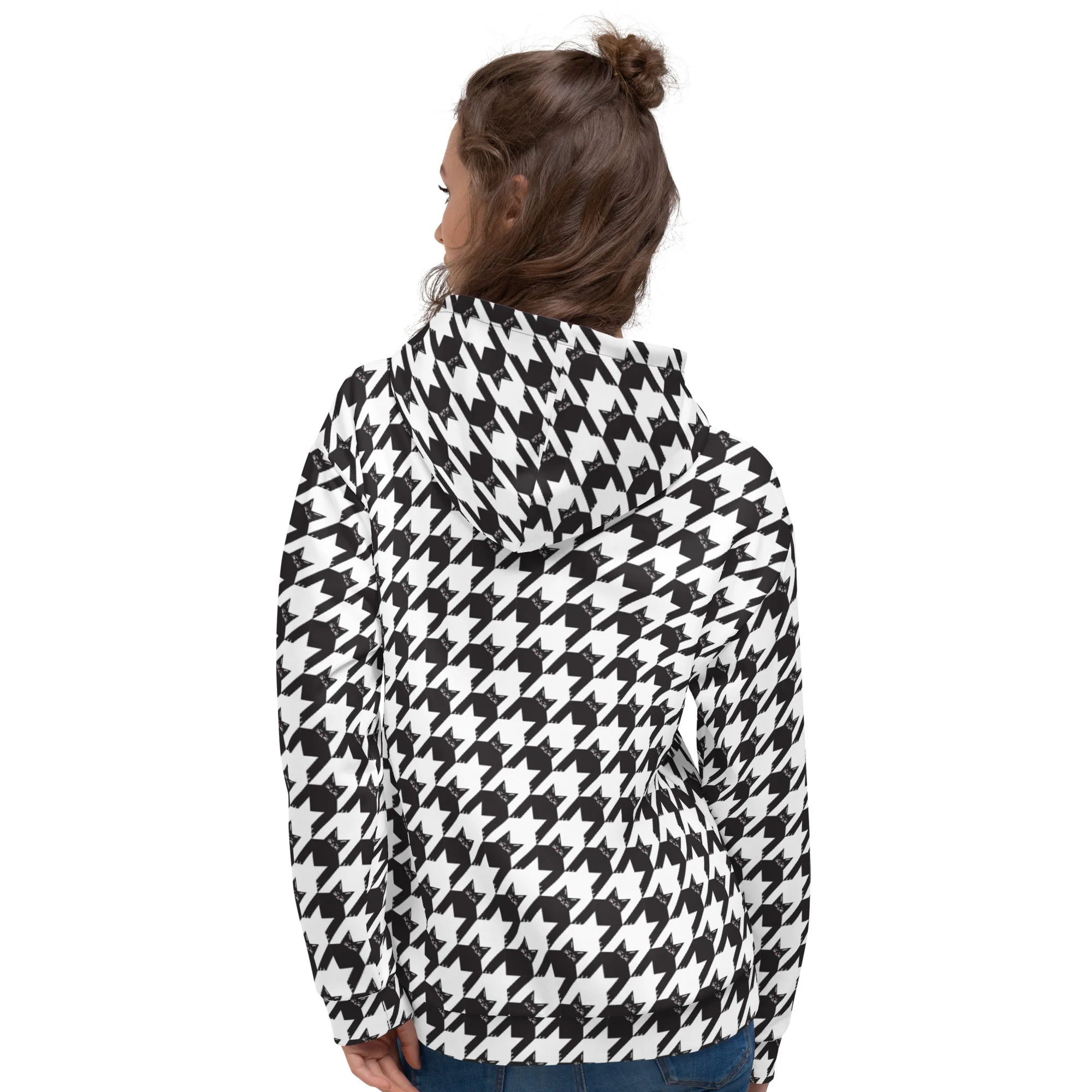 Black Cat Houndstooth All Over Print Hoodie - Image 3