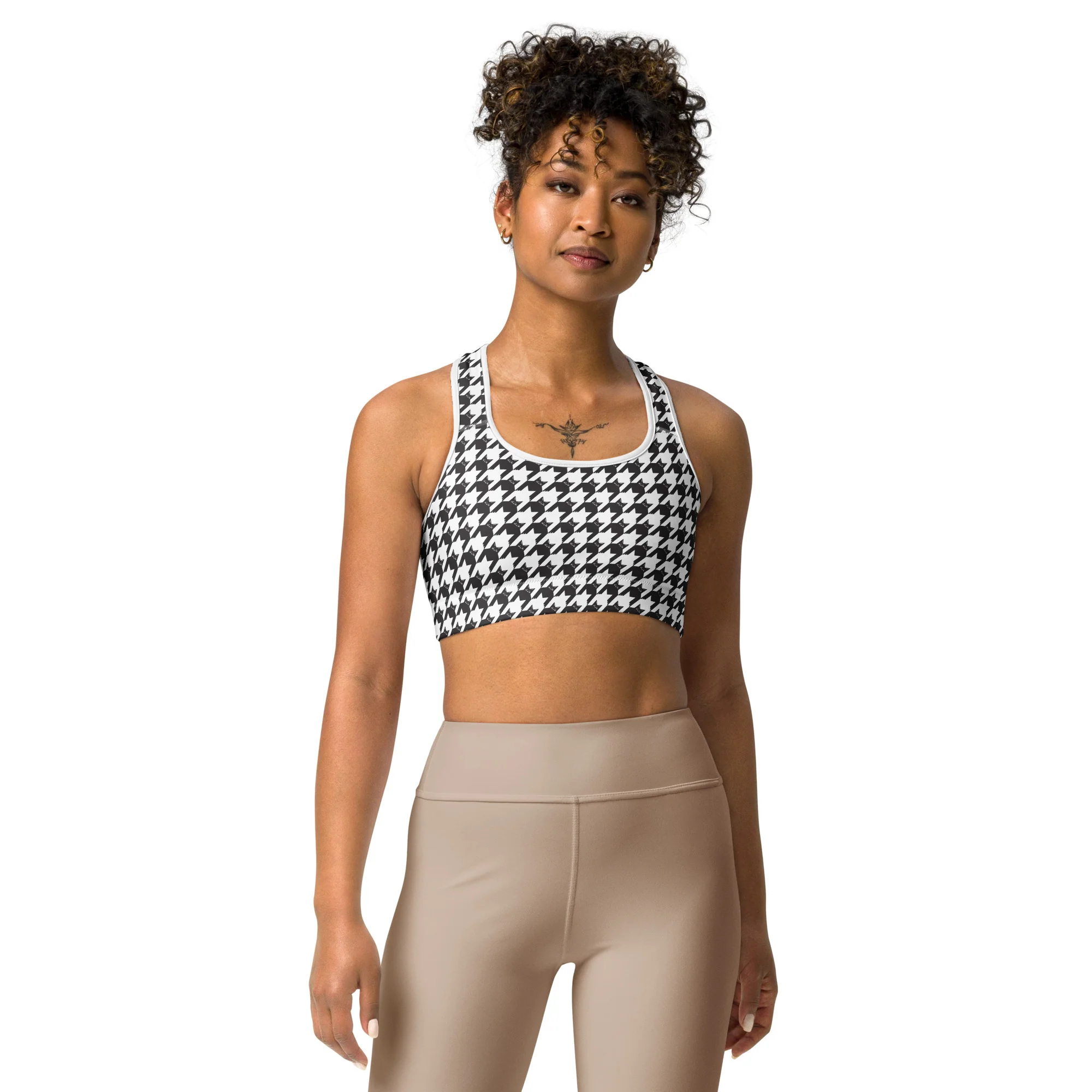 Black Cat Houndstooth All Over Print Sports Bra - Image 3