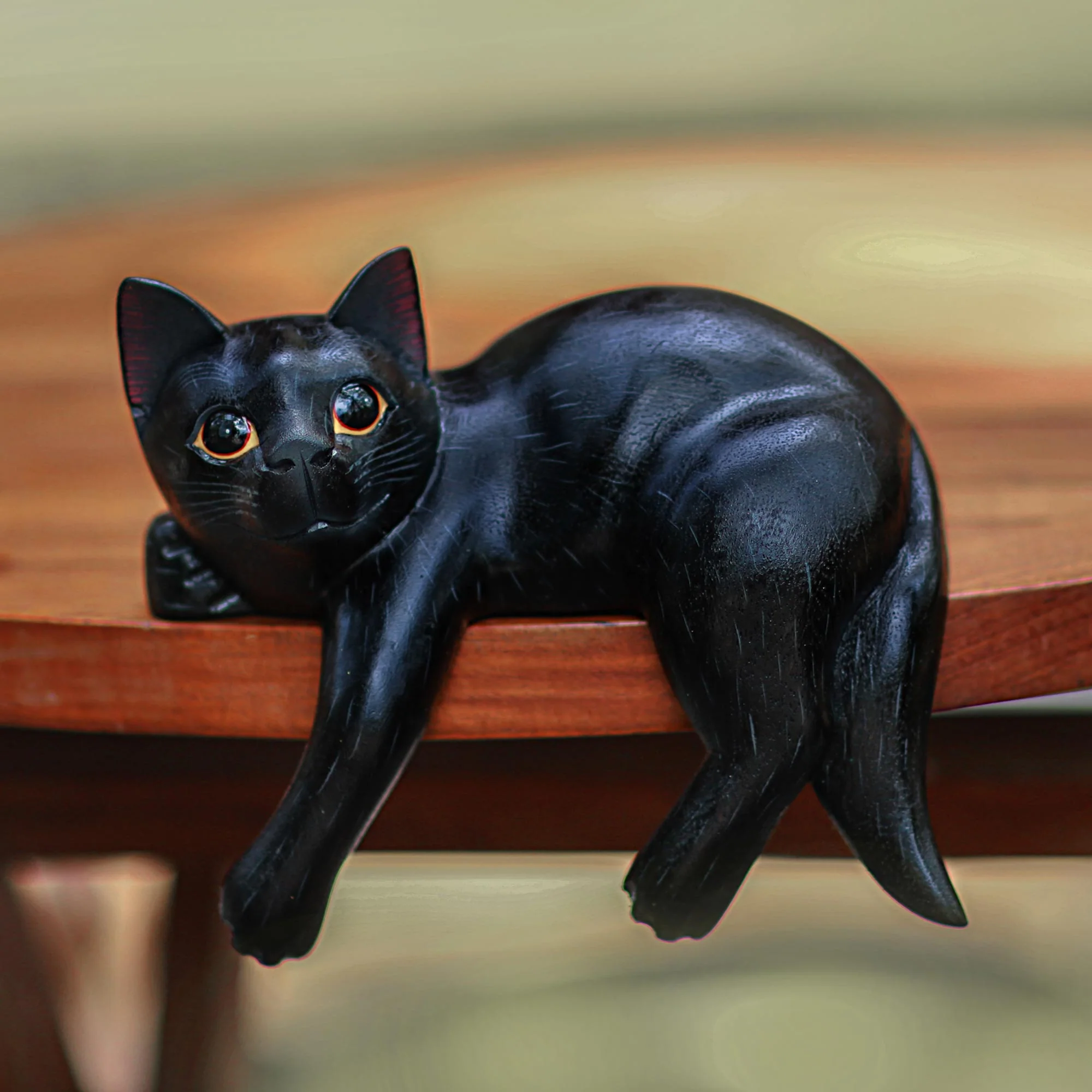 Black Cat Relaxes Signed Balinese Black Cat Sculpture - Image 3