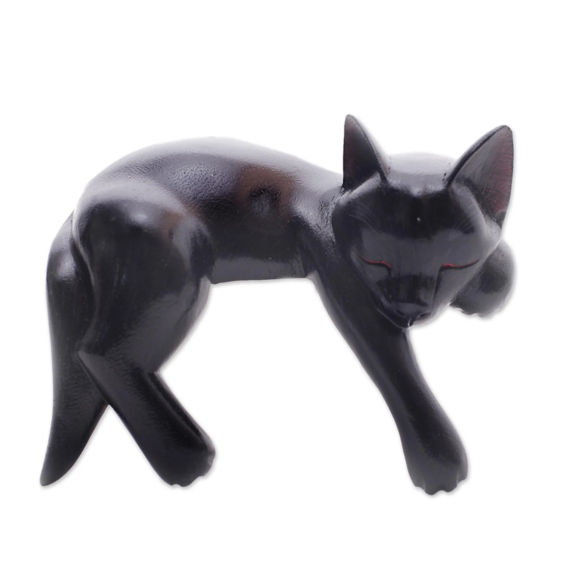 Black Catnap Balinese Signed Hand-Carved Sleeping Black Cat Sculpture - Image 2