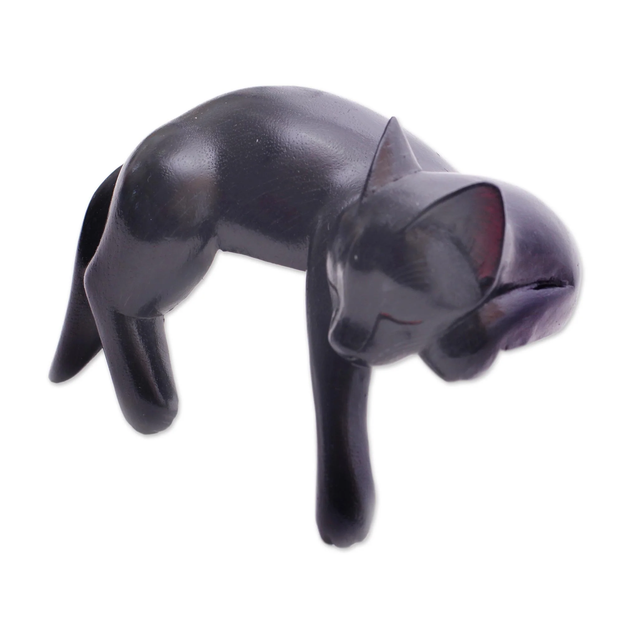 Black Catnap Balinese Signed Hand-Carved Sleeping Black Cat Sculpture - Image 4