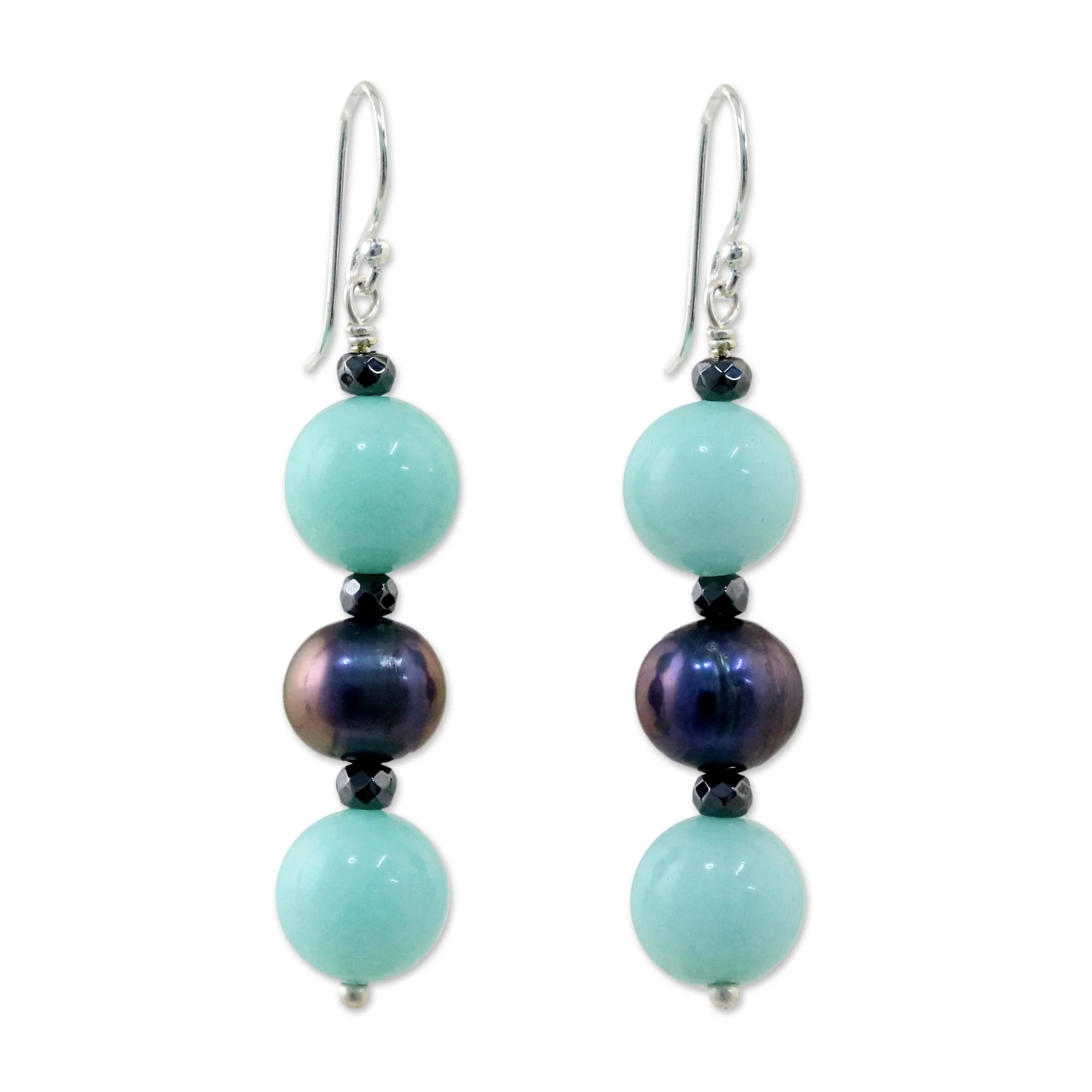 Black Center Cultured Pearl and Quartz Multi-Gem Earrings from Thailand - Image 2