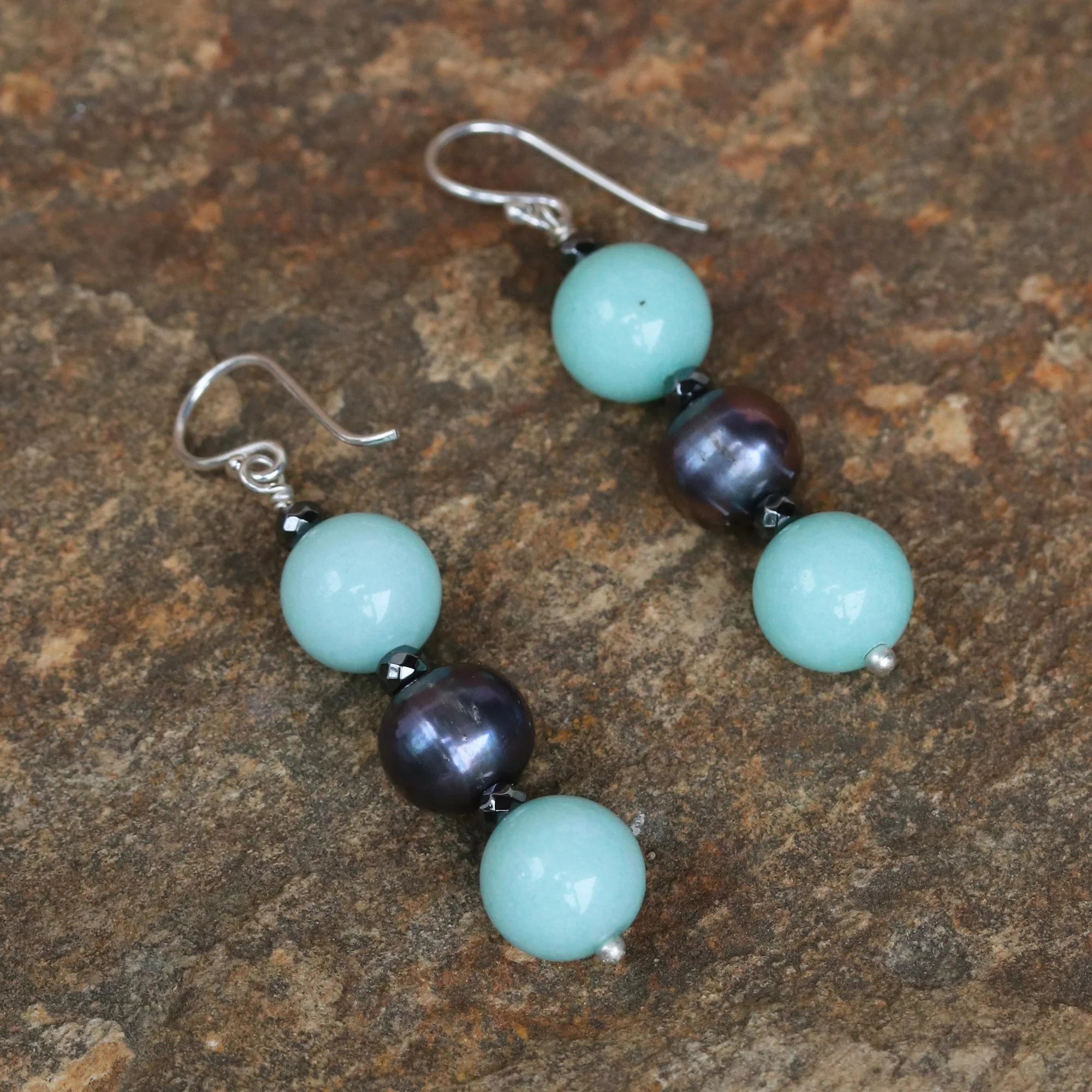 Black Center Cultured Pearl and Quartz Multi-Gem Earrings from Thailand - Image 3