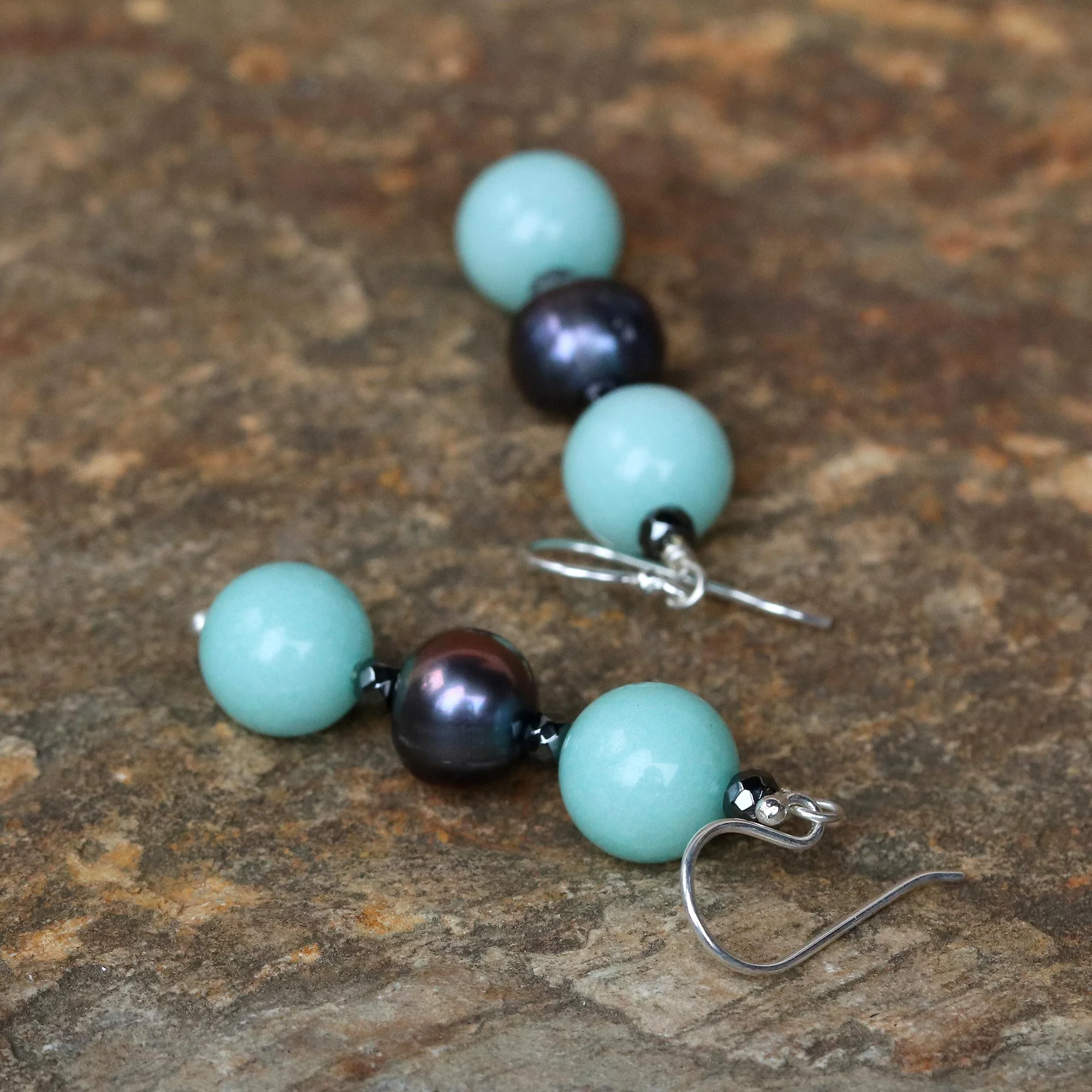 Black Center Cultured Pearl and Quartz Multi-Gem Earrings from Thailand - Image 4