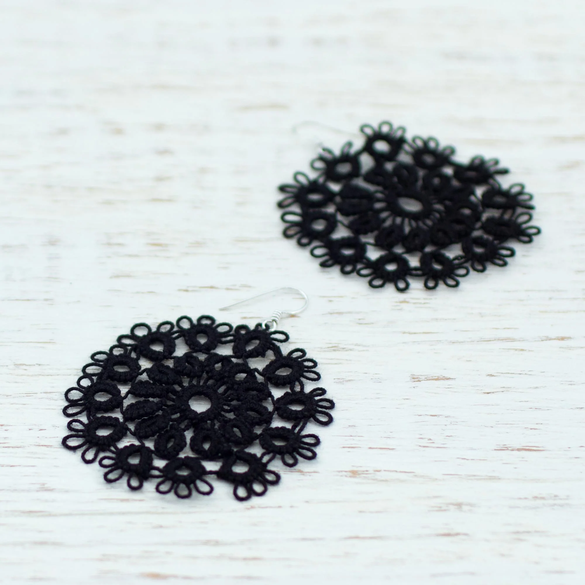 Black Doily Handcrafted Black Cotton Dangle Earrings with Doily Motif - Image 4
