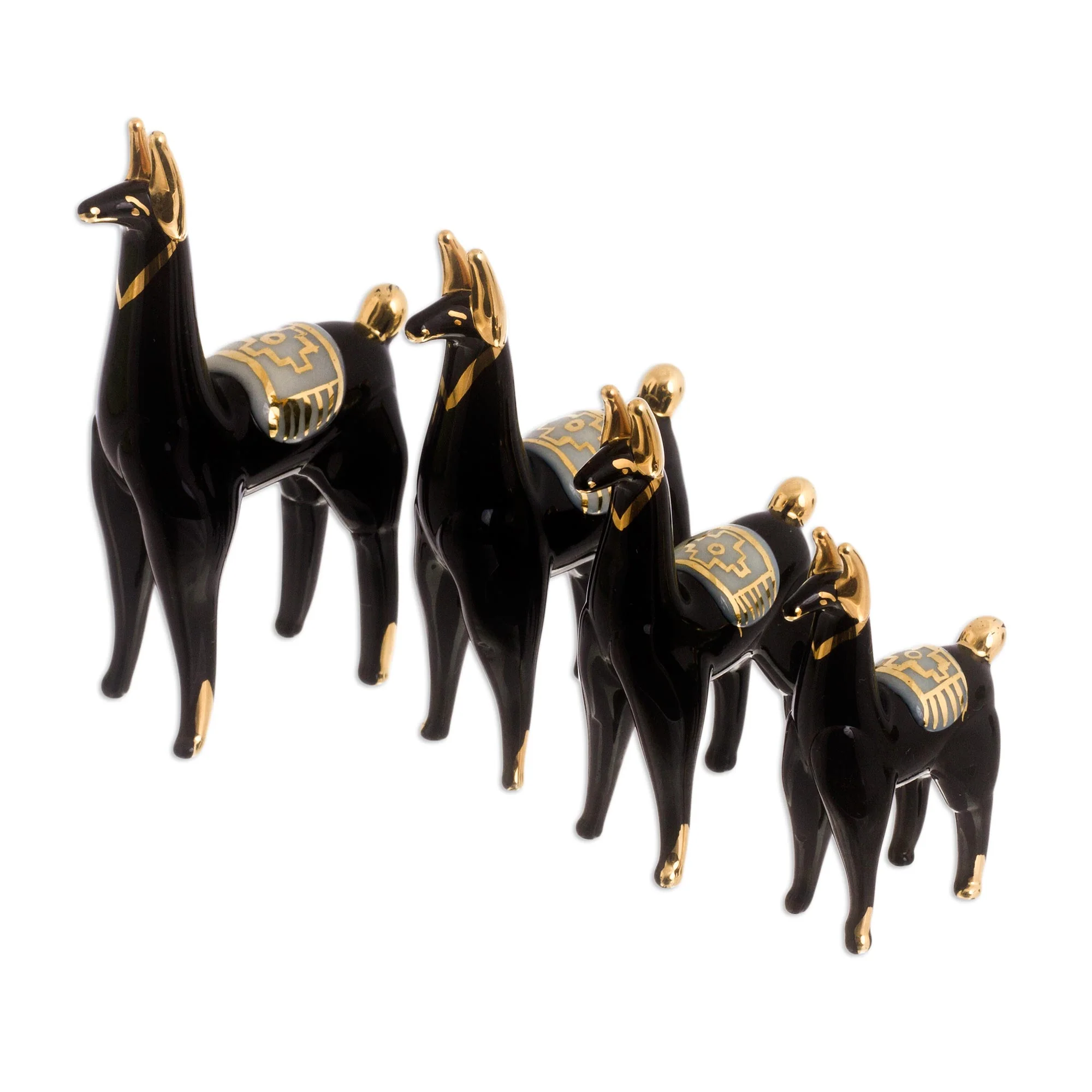 Black Llamas of the Andes Set of 4 Black Glass Llama Figurines with Gilded Accents - Image 2