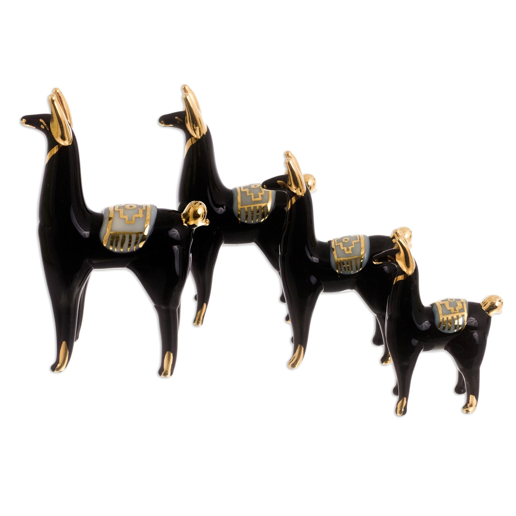 Black Llamas of the Andes Set of 4 Black Glass Llama Figurines with Gilded Accents - Image 3