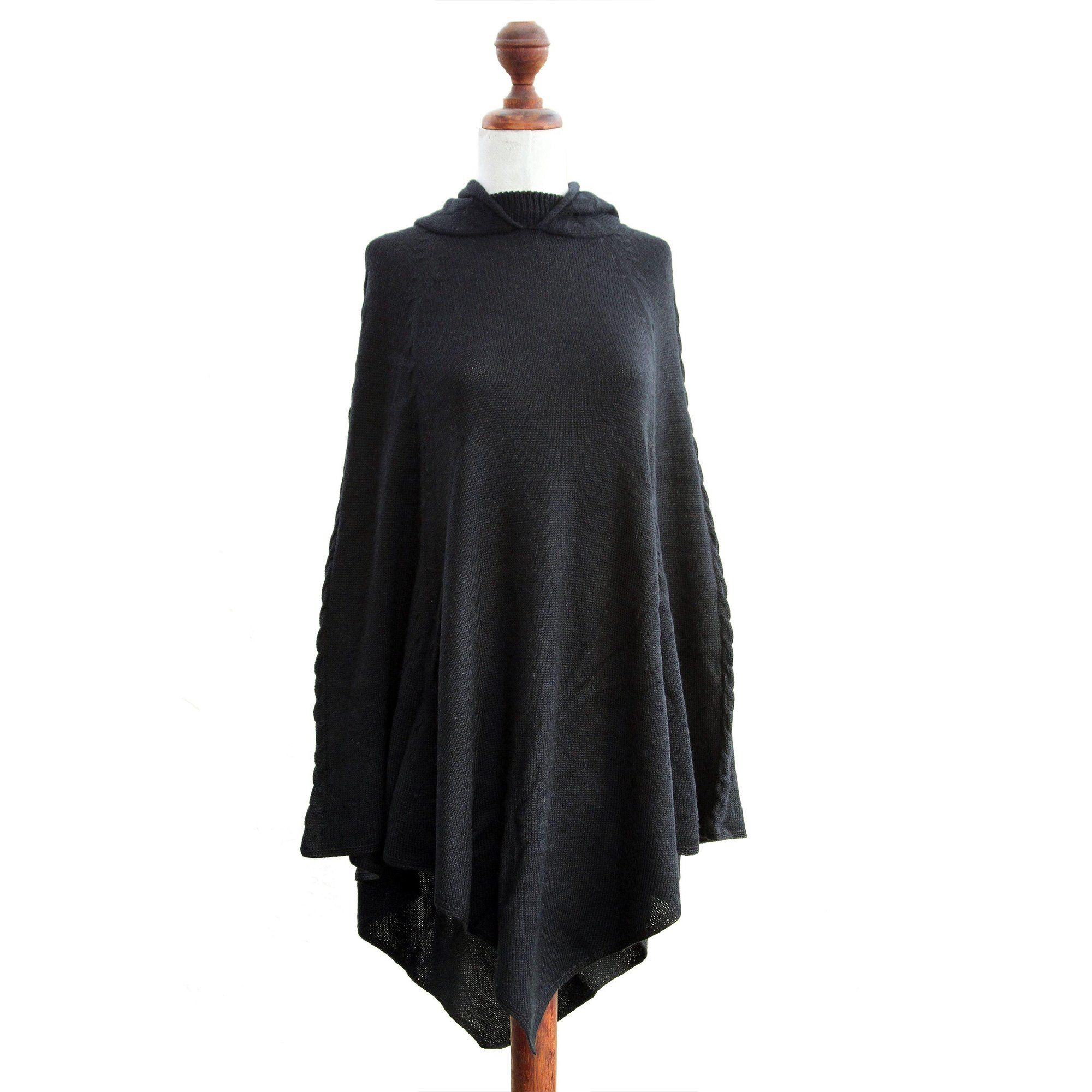 Black Peruvian Alpaca Hooded Poncho - Image 3
